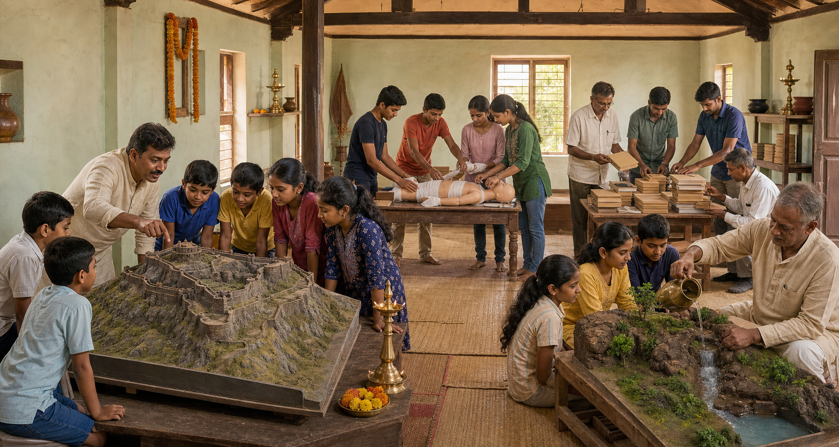 Children, teenagers, adults, and elders study a fort model, practice first aid, organize books, and prepare seedlings in a community hall.