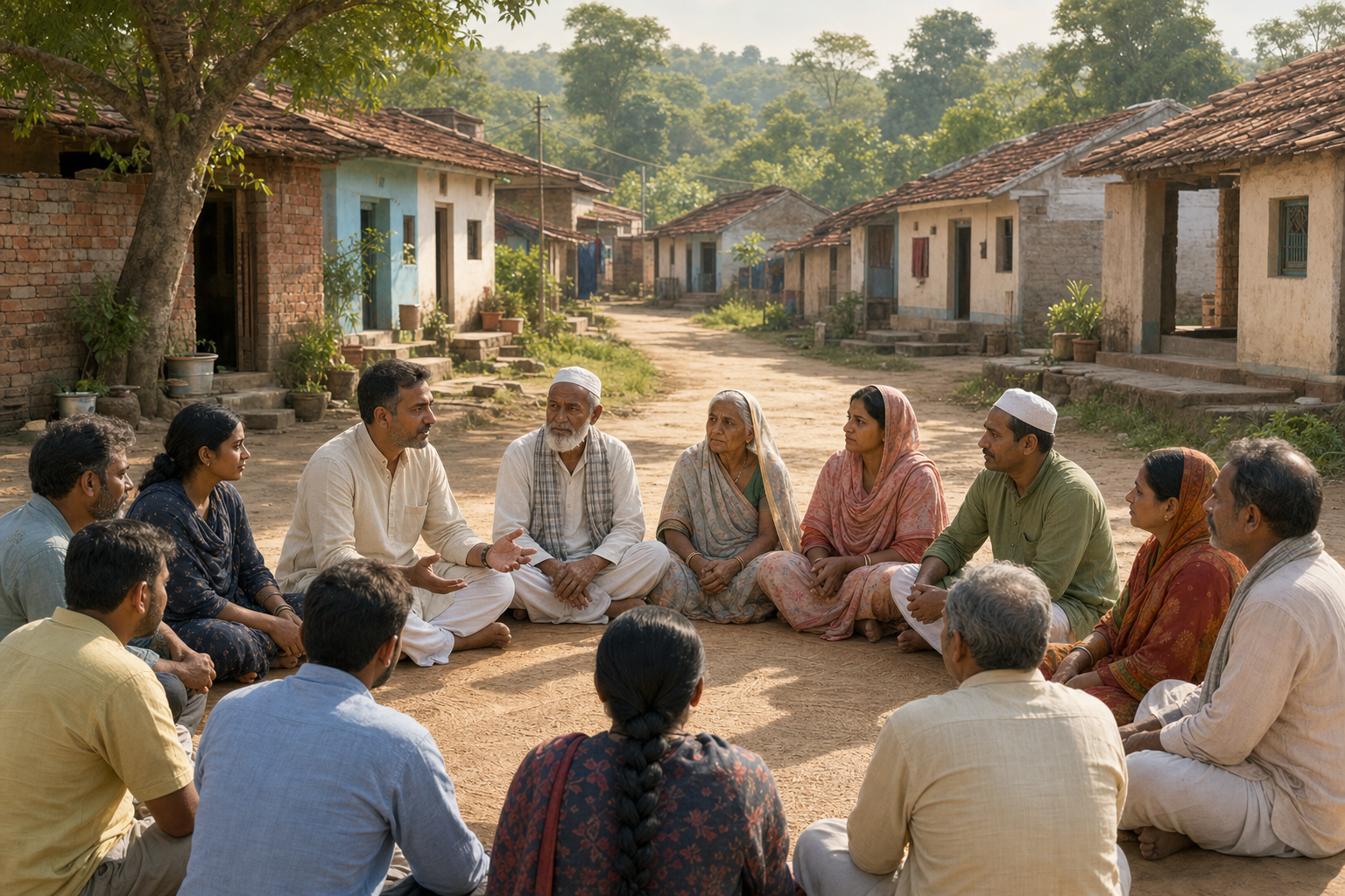 Hindu and Muslim residents sit with a mediator in a shared courtyard between village homes in a fictional Balaghat setting.