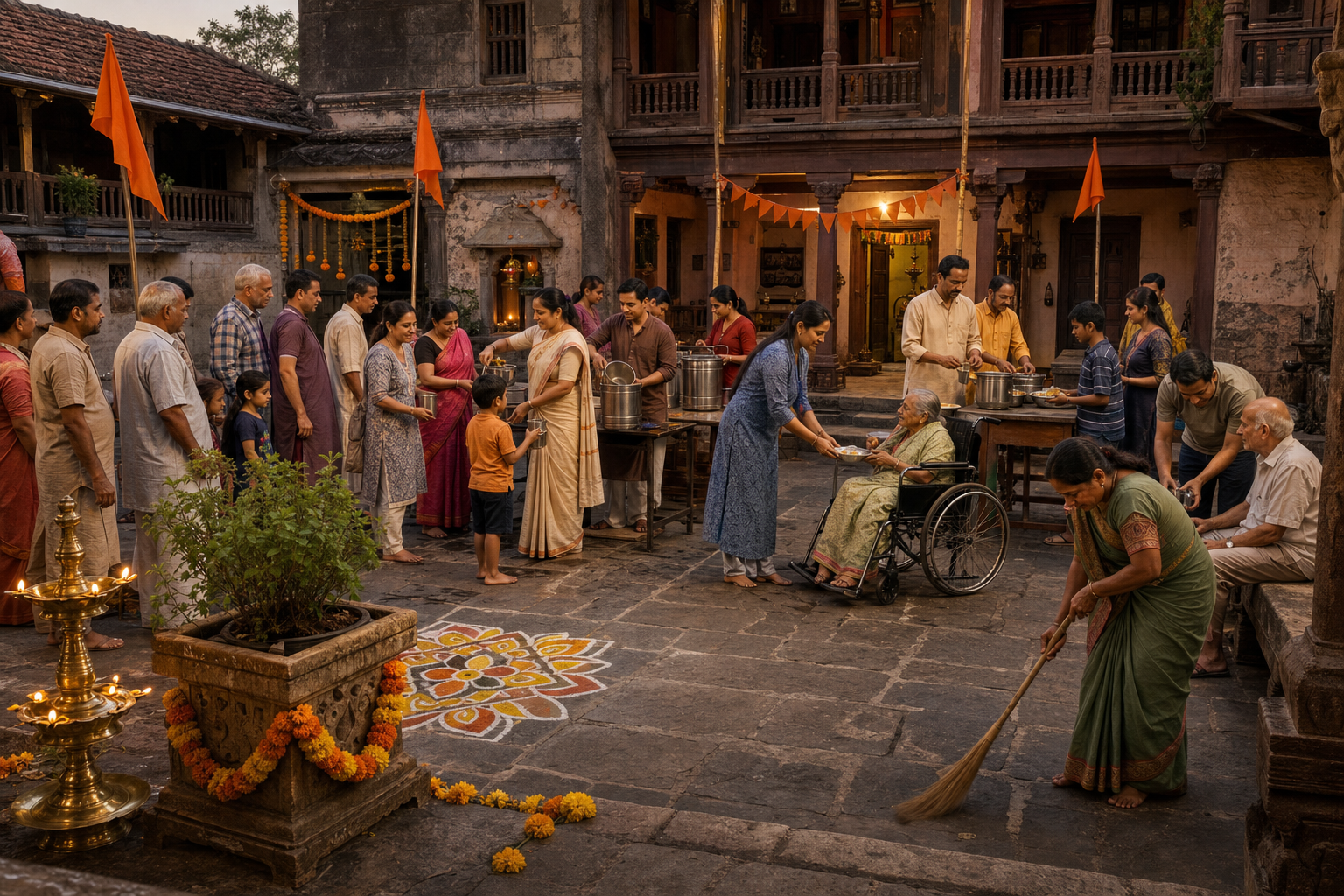 Volunteers serve water and food to neighbors in a decorated Maharashtra courtyard with a brass lamp, tulsi planter, rangoli, and saffron pennants.