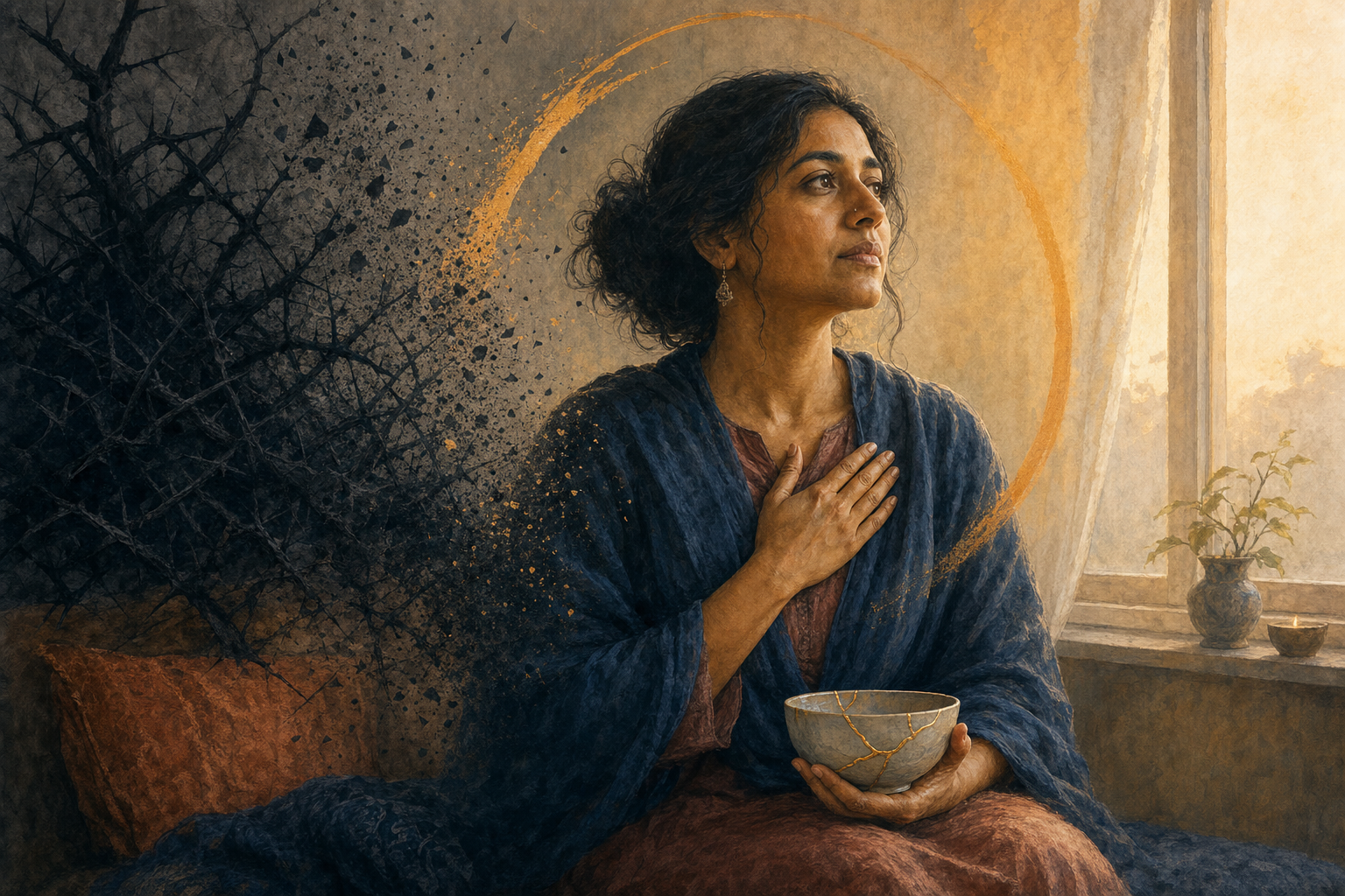 An adult sits beside a dawn-lit window holding a repaired ceramic bowl as dark thornlike shapes dissolve behind them.