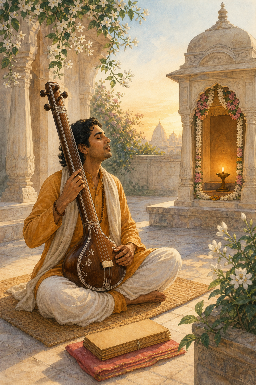 A seated devotee sings with a tanpura in a dawn temple courtyard facing a flower-adorned sacred alcove and glowing oil lamp.