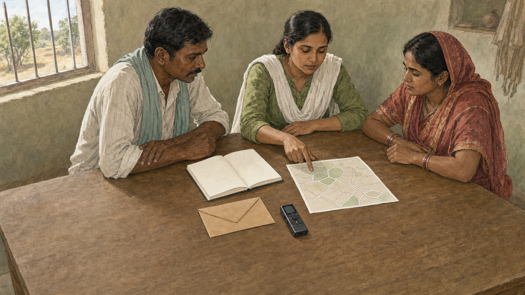 An evidence table with blank folders and a location sketch stands before a neutral village review panel and waiting witnesses.