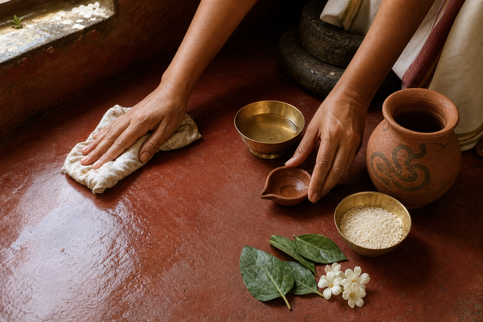Clean hands prepare an induction cooking area beside rice, lentils, vegetables, a flower, and a small terracotta serpent emblem in a protected wall niche.