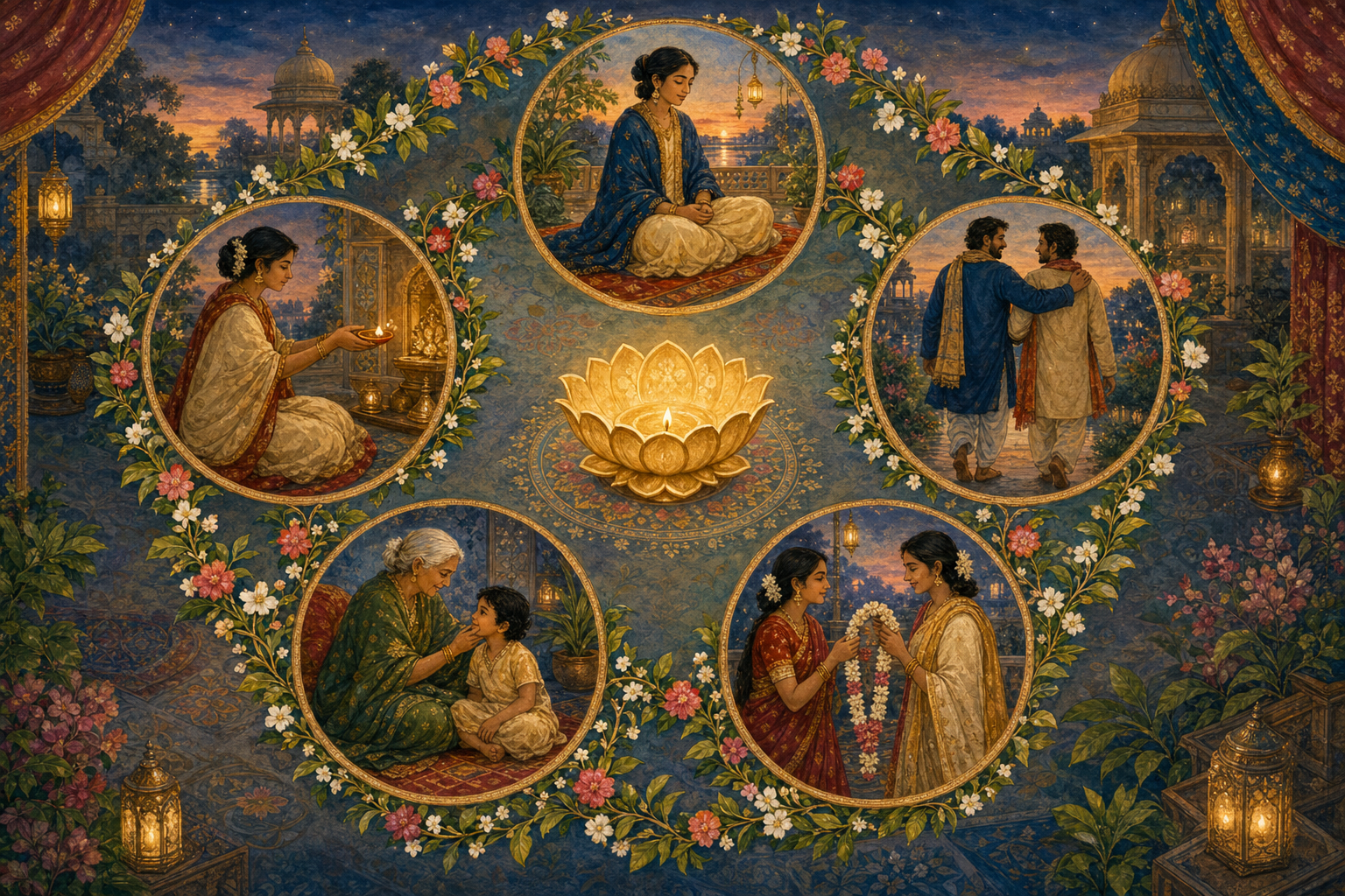A kneeling practitioner places a flower garland and a bowl of water before a lamp-lit household shrine.