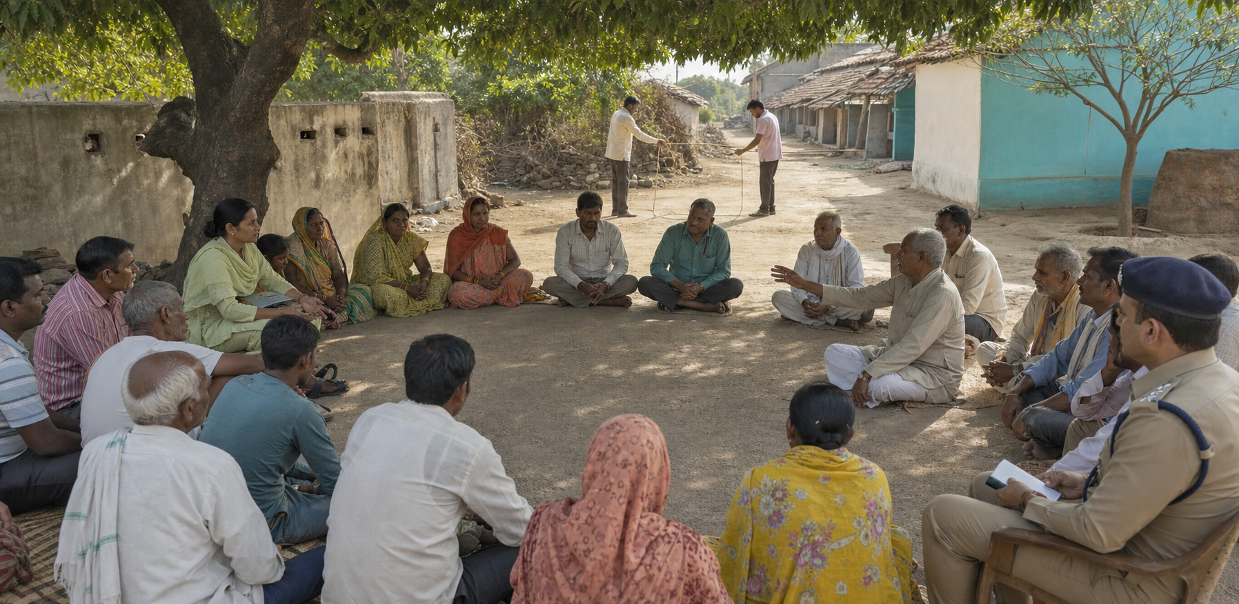 A calm villager maintains a protective boundary between two tense groups as a stone channel guides monsoon water nearby.