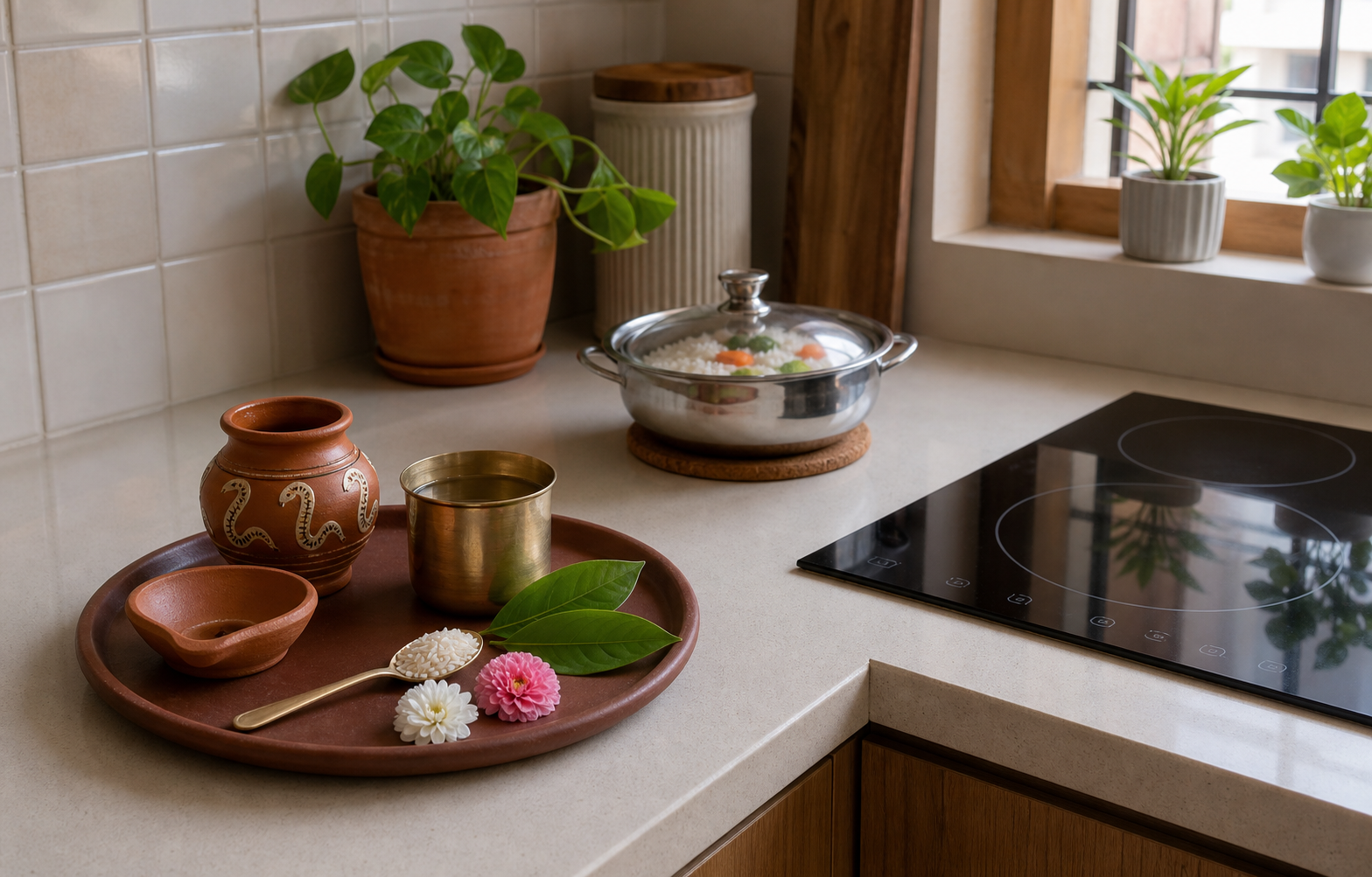 Two generations prepare food beside an orderly earthen stove, while a small terracotta image of Goddess Manasa and simple offerings rest safely on a raised shelf.
