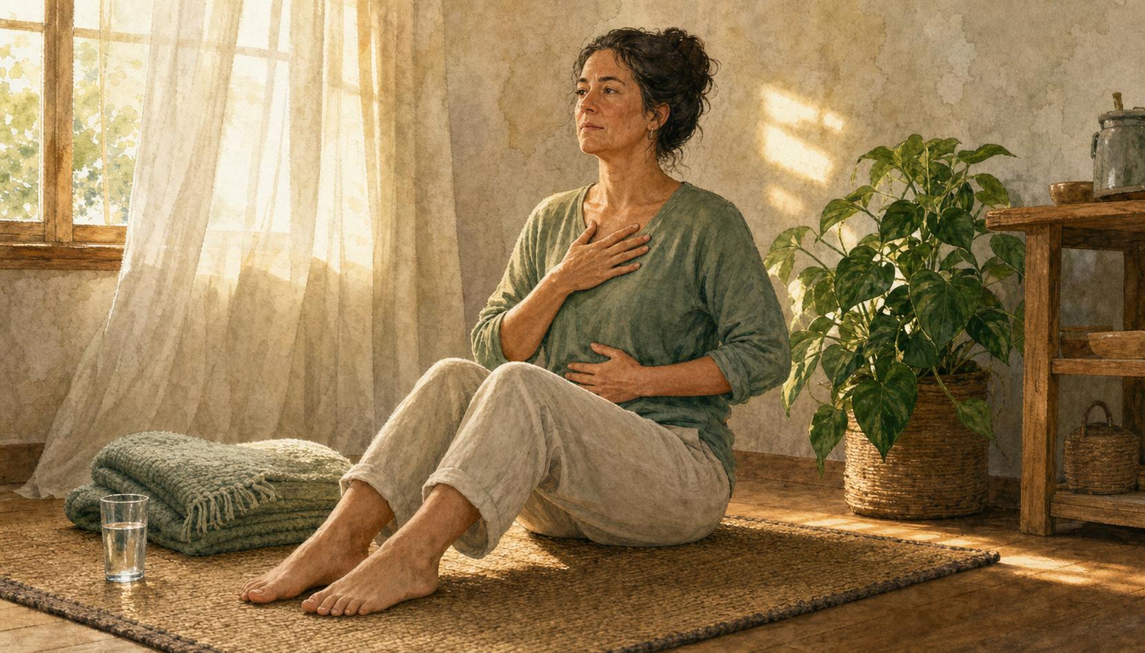 An adult sits supported against a sofa with a blanket, a closed notebook, and a warm mug near an open doorway.