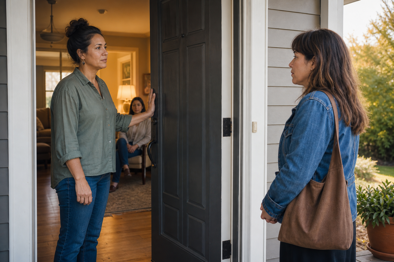 An adult holds a partially open front door while another person stands outside and a support person sits inside.