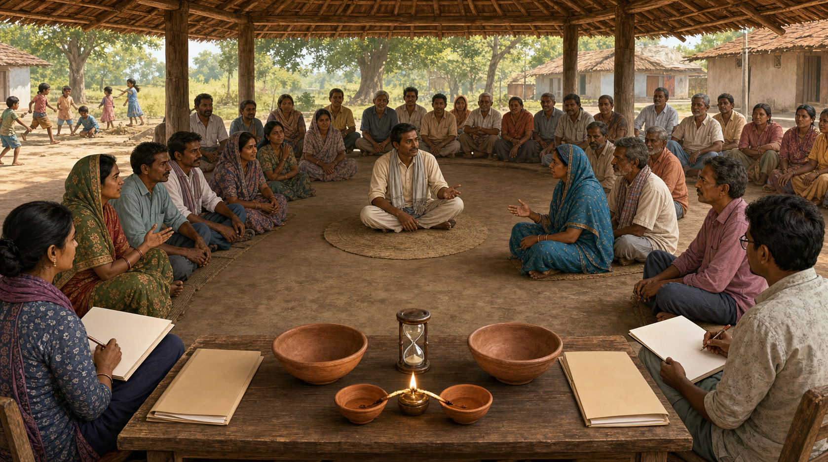 A diverse village council conducts a facilitated meeting with affected families seated equally around blank case folders and symbolic balancing bowls.