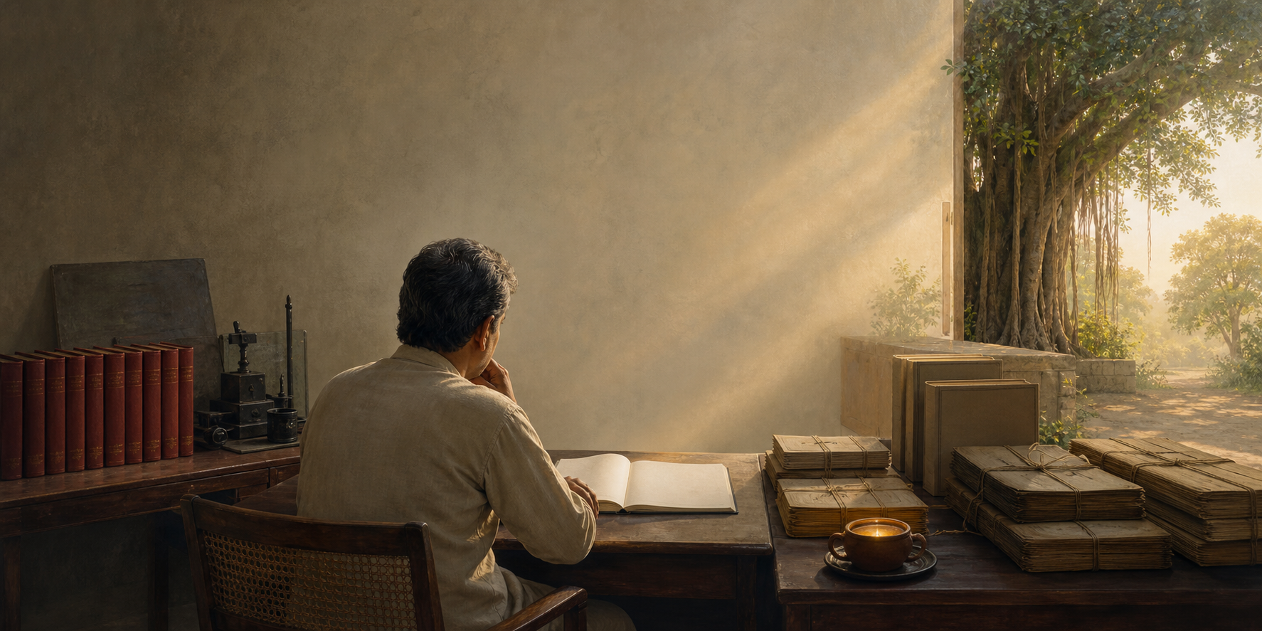 An anonymous Indian reader stands between shelves of uniform red volumes and a varied collection of manuscripts and philosophical books, with a banyan tree visible in morning light.