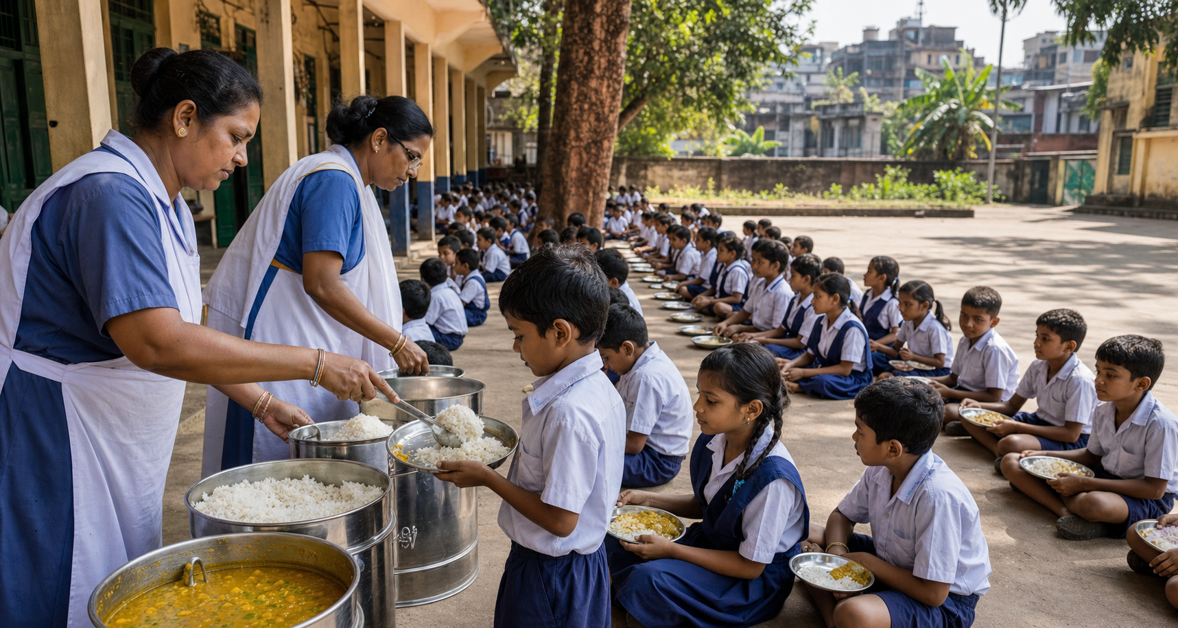 Schoolchildren in a Kolkata school courtyard receive rice, dal and vegetables from clean insulated meal containers.