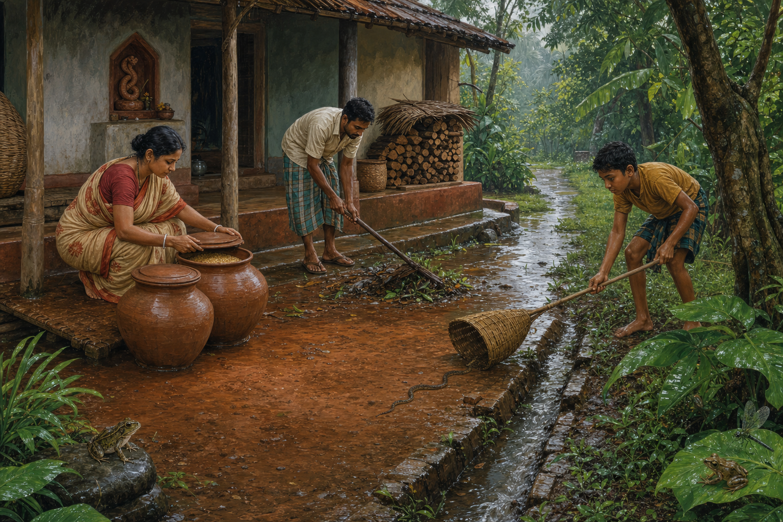 A Bengali household clears monsoon drainage, stores grain securely, and keeps a safe distance while a small snake is guided away from the home.