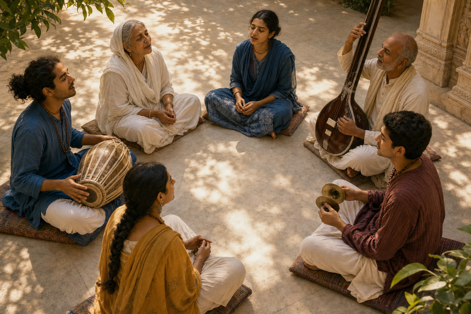 Six devotees sit in a courtyard kirtana circle, singing and listening while playing a hand drum, small cymbals, and a tanpura.
