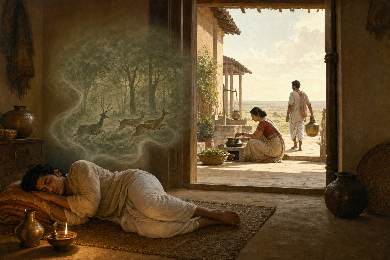 A sleeper with fading dreamlike forest forms lies indoors, while awake people work in a sunlit courtyard beneath an open horizon.