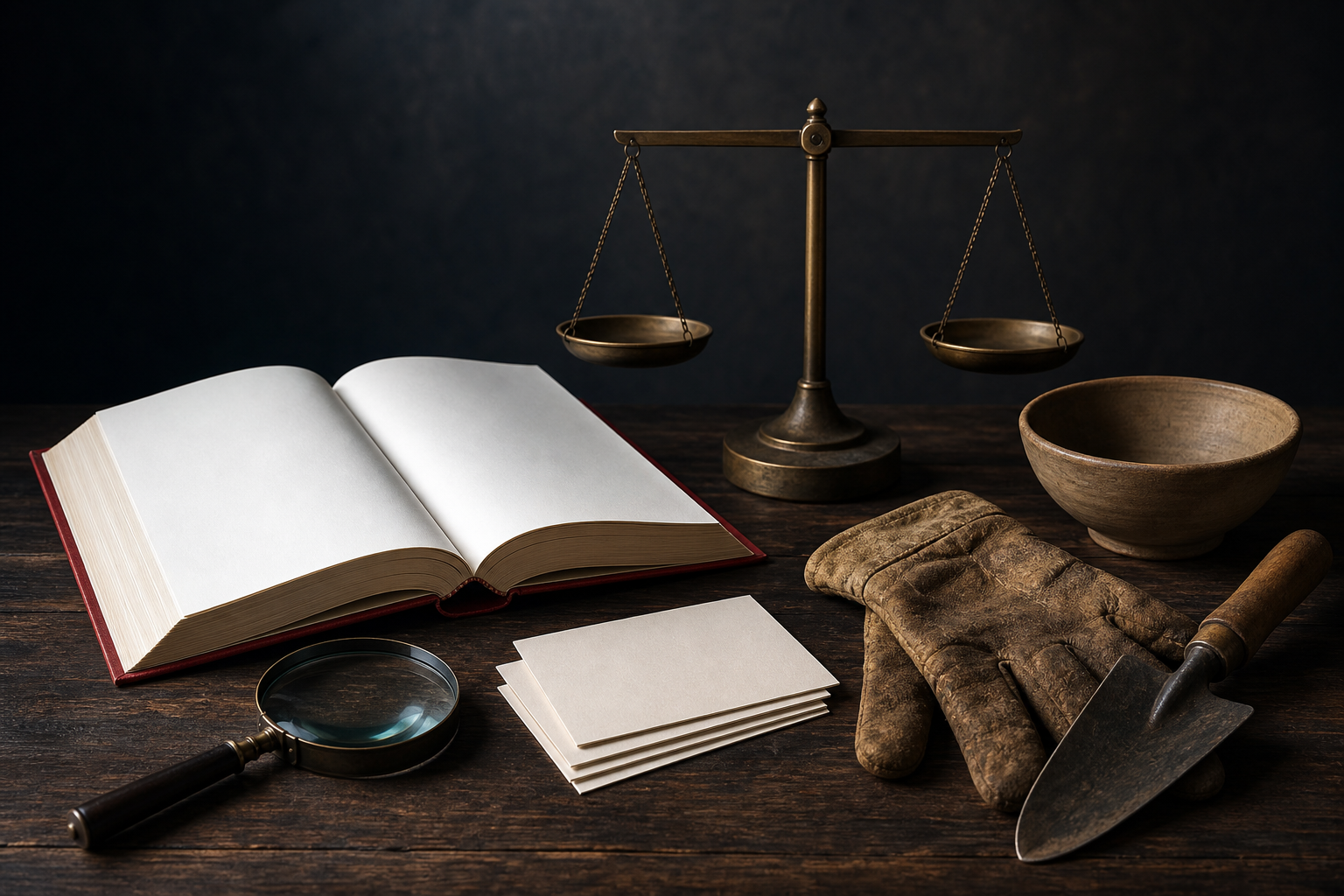 An open red book, magnifying glass, balance scale, worn work glove, farm tool, and empty bowl are arranged on a wooden table under focused light.