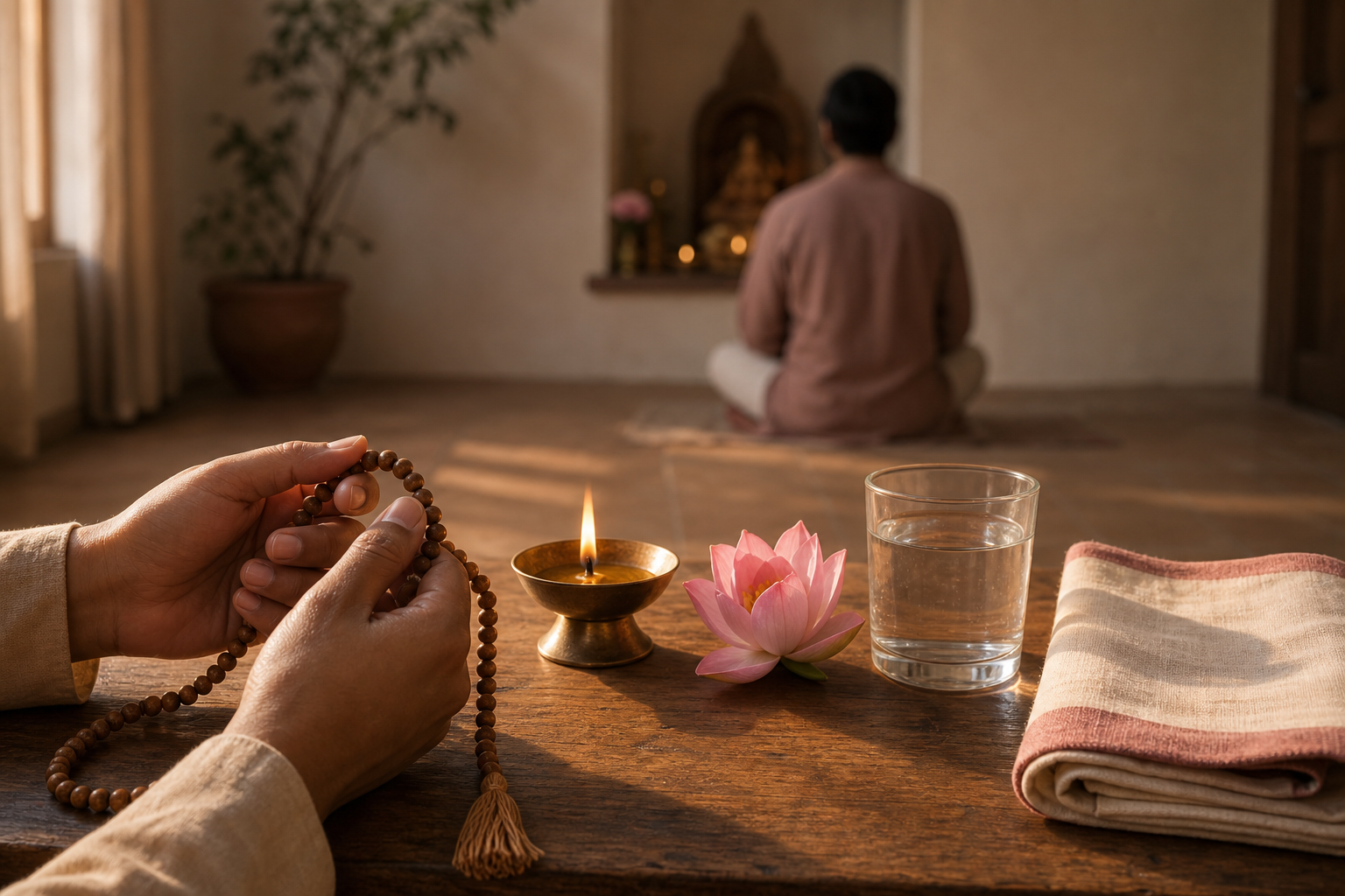 A practitioner's hands hold prayer beads beside an oil lamp, flower, cup of water, and folded cloth during a sunrise devotional routine.
