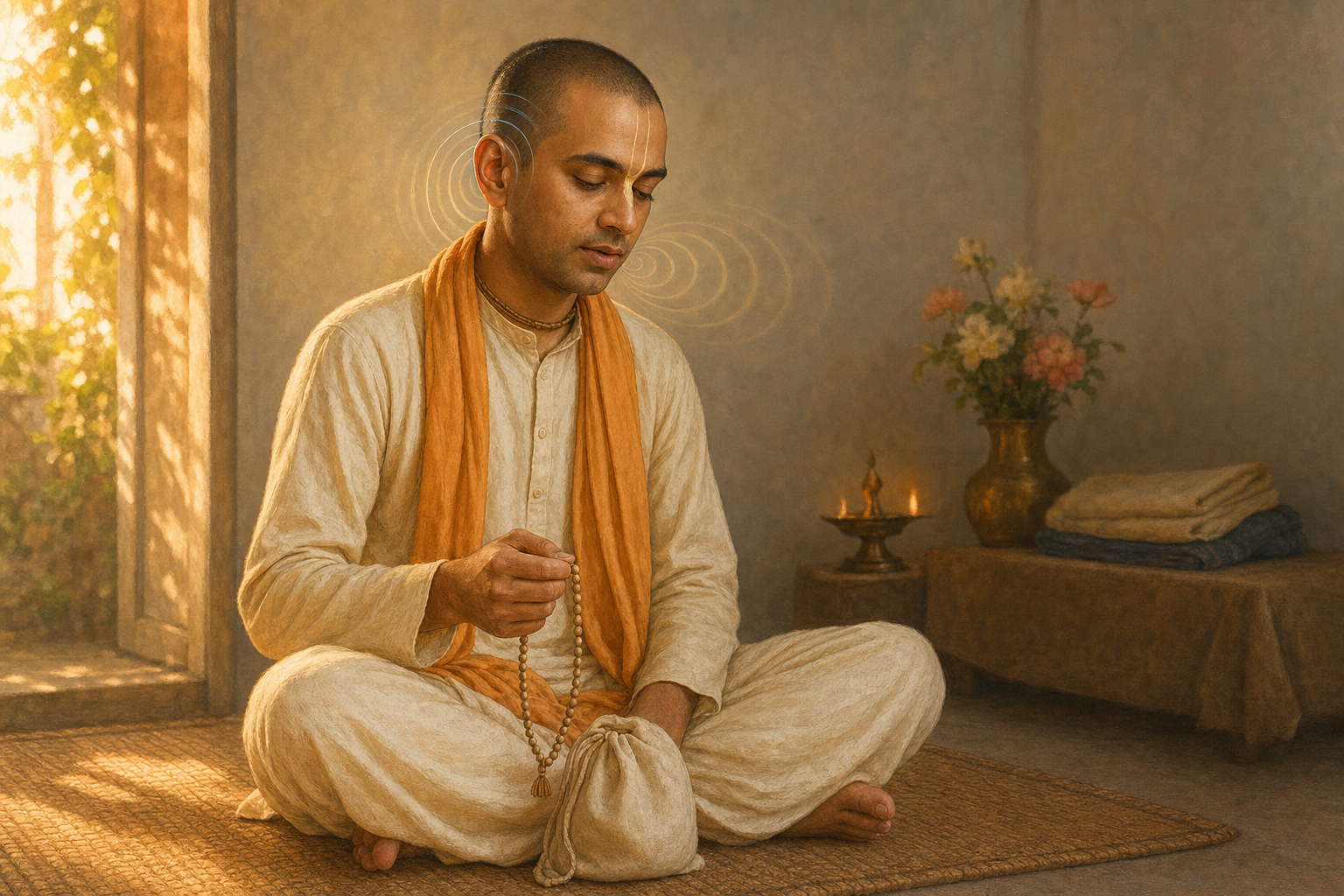 A seated practitioner chants quietly on tulasi beads in a dawn-lit meditation space, with subtle ripples suggesting sound traveling from the mouth to the ear.