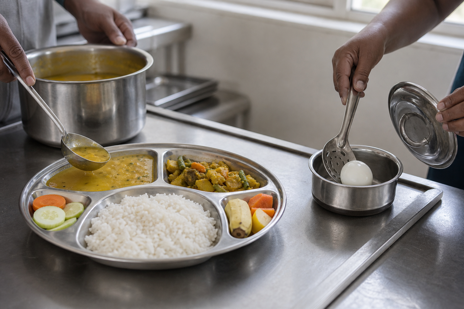 A vegetarian school meal of rice, dal, vegetables and fruit is served beside a separately handled boiled egg.