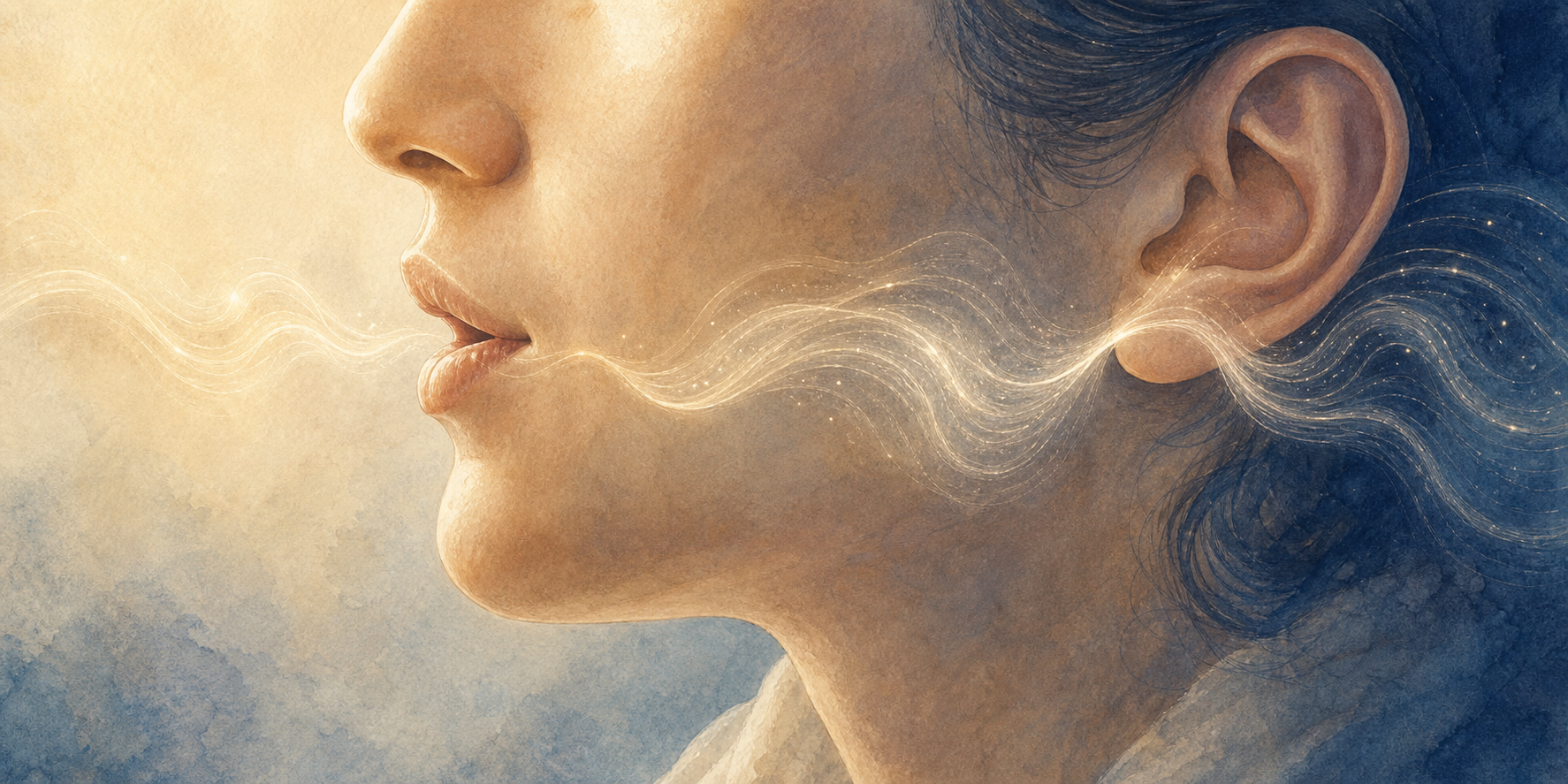 Close-up profile of a practitioner softly chanting, with luminous ripples representing sound moving from the lips toward the listening ear.