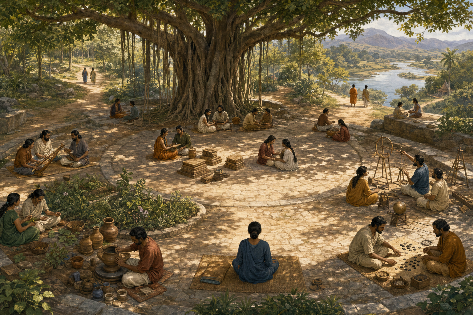 Small groups of learners gather beneath a banyan tree among manuscripts, observational instruments, medicinal plants, musical strings, and several branching paths.