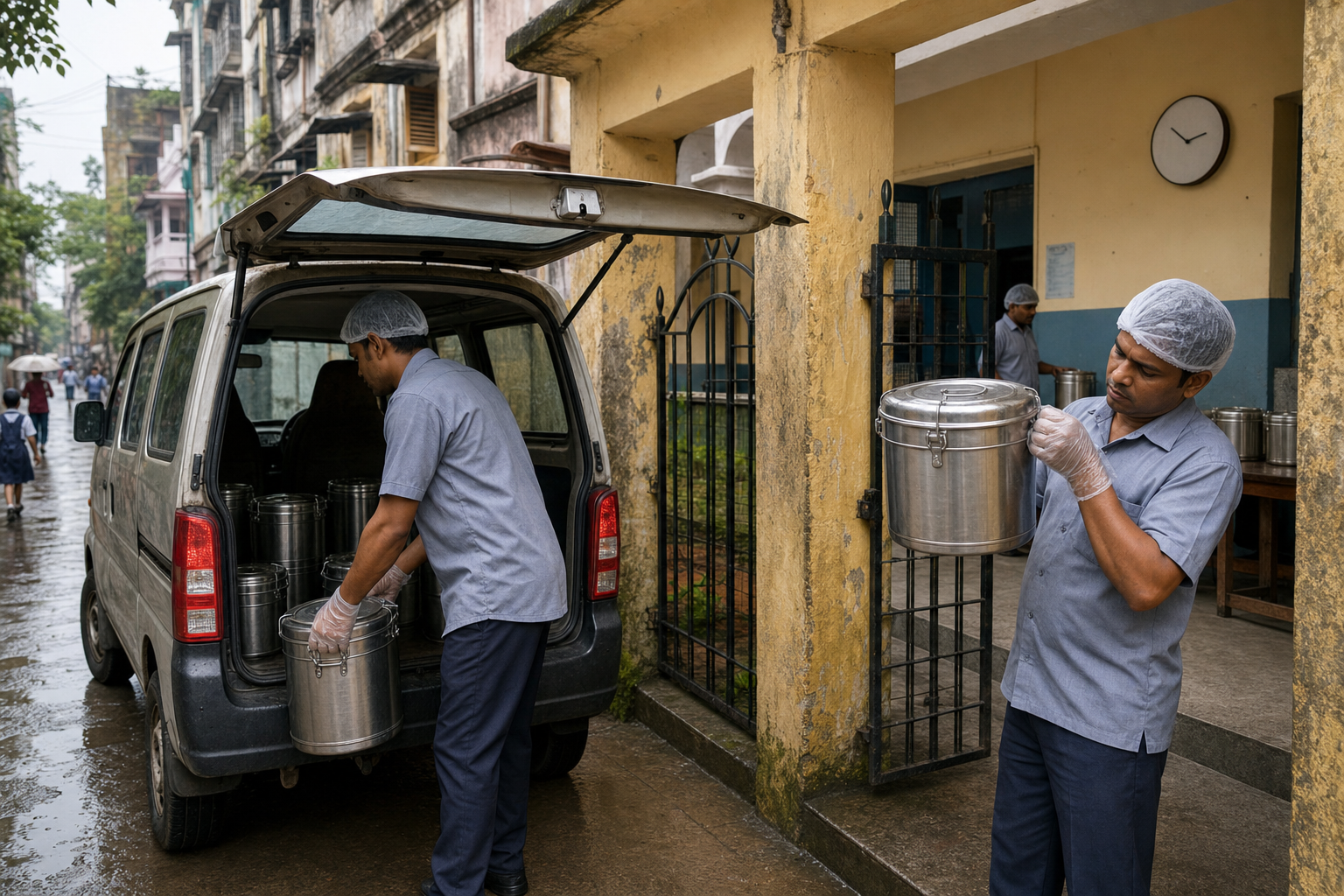 Workers carry sealed insulated meal containers from a delivery vehicle into a Kolkata school on a wet morning.