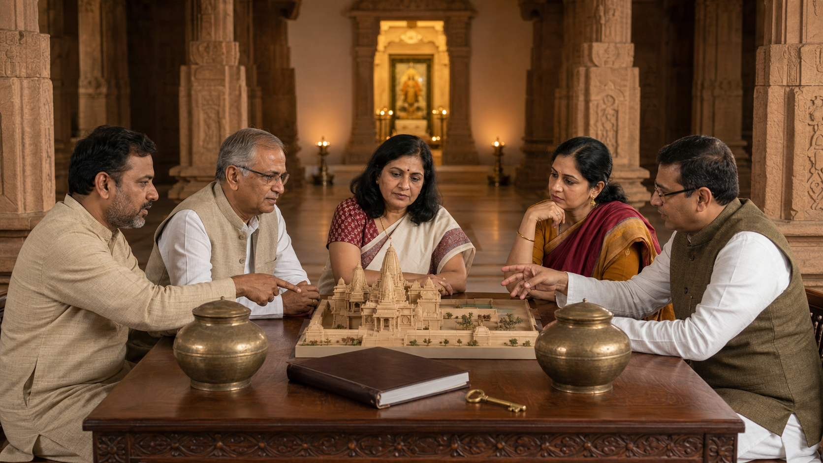 Temple trustees and community representatives review a building model, offering vessels, a ledger, and a key in a mandir meeting hall.