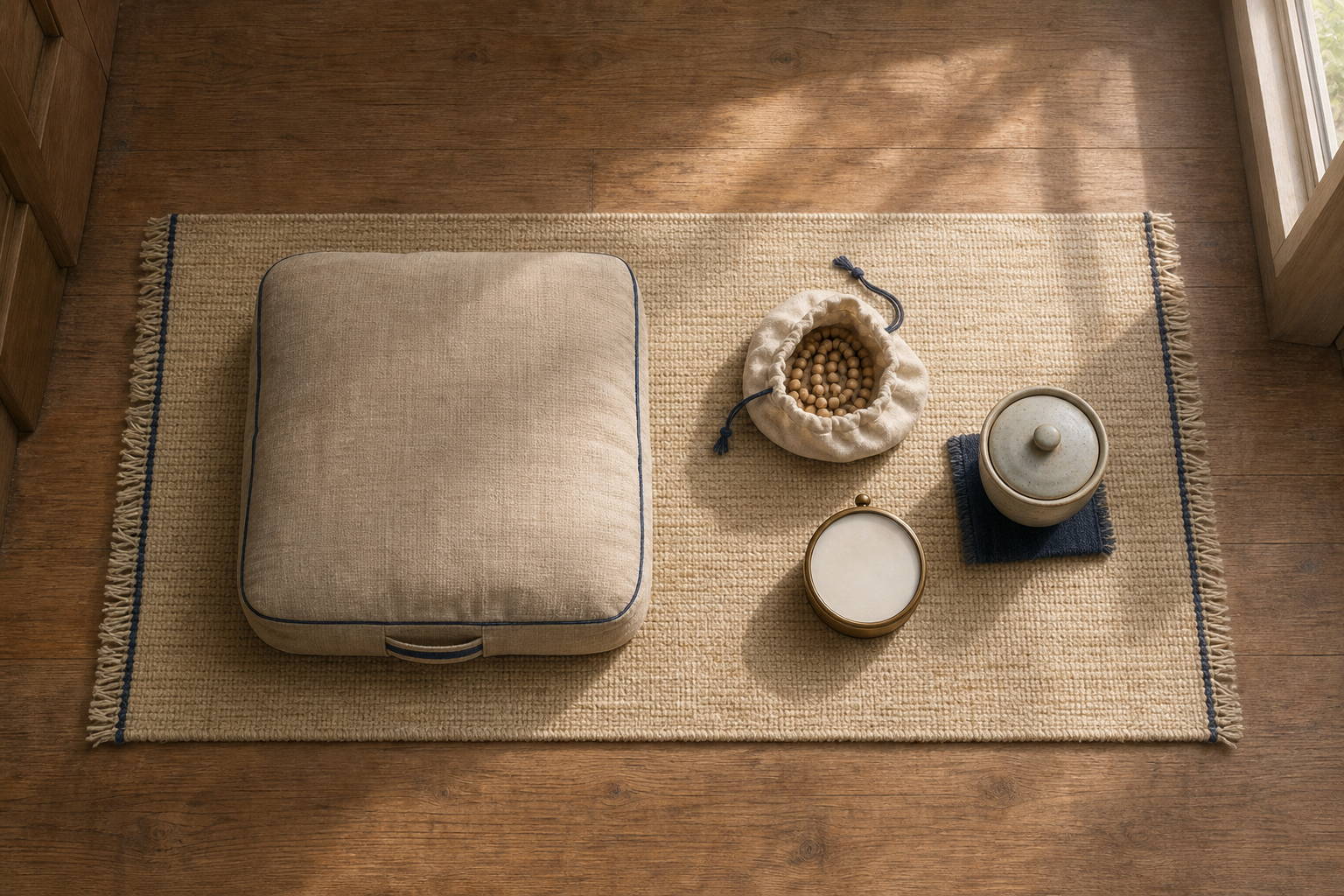 An orderly japa space with a woven mat, cushion, cloth bead bag, tulasi beads, blank-faced clock, and covered cup of water in morning light.