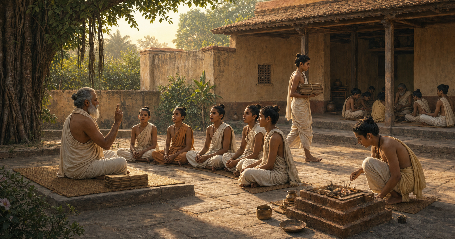 A teacher recites to students in an early Indian courtyard while a fire altar and a tied palm-leaf manuscript bundle represent ritual and textual learning.