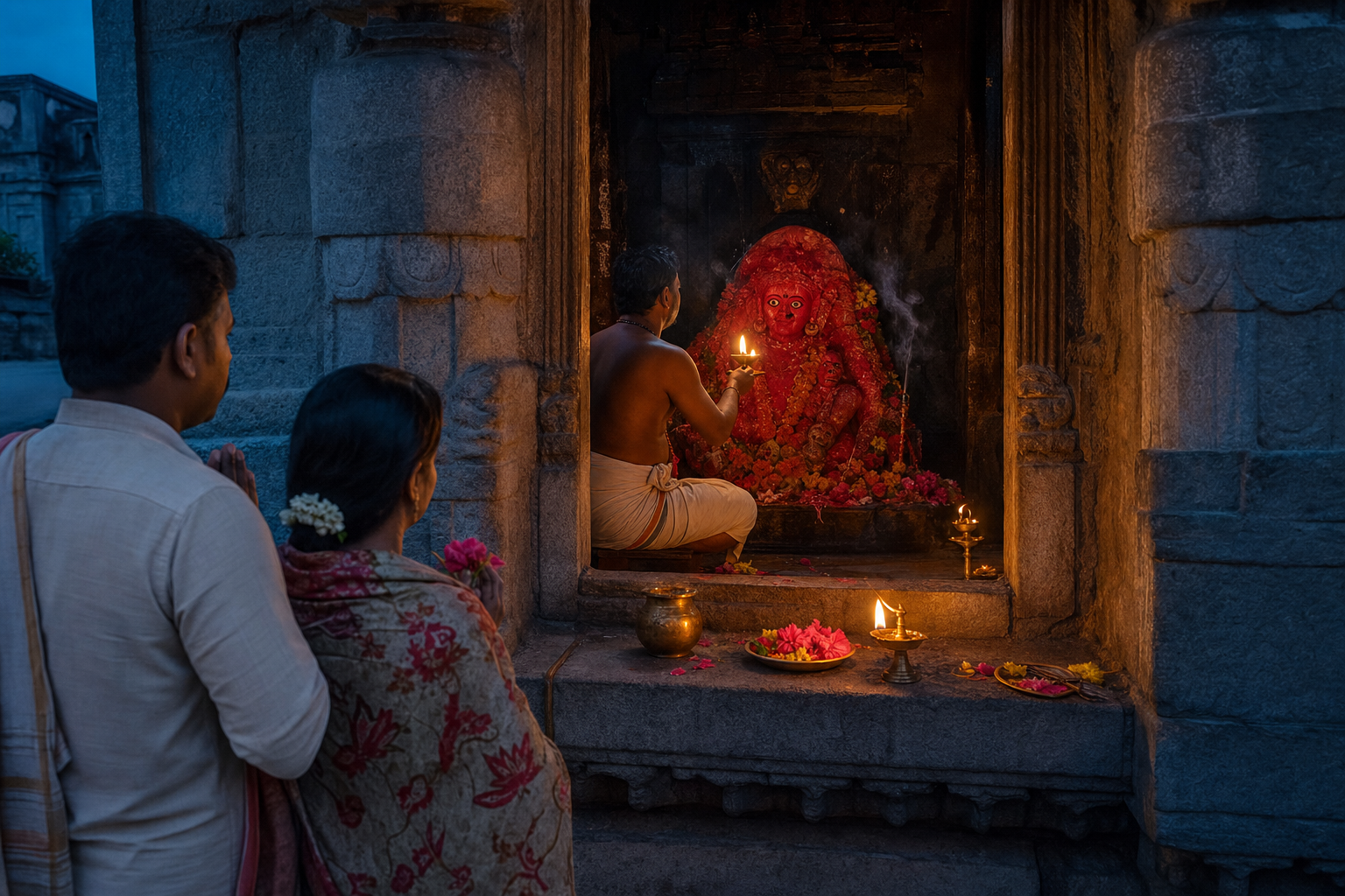 A temple priest offers an oil lamp before a red Chamunda image while two devotees wait respectfully behind the sanctum threshold.