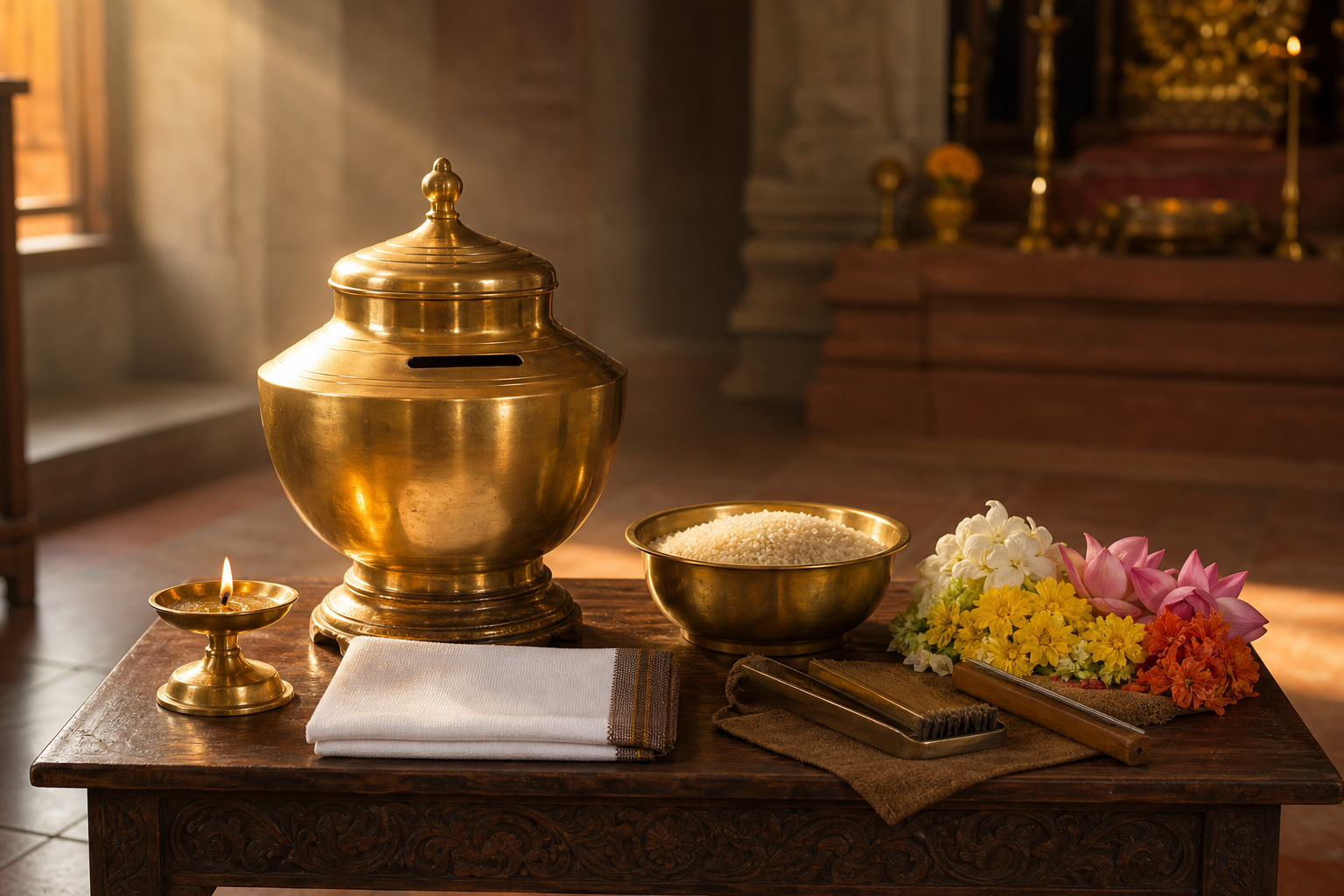 A brass offering vessel is arranged beside an oil lamp, altar cloth, rice, flowers, and maintenance tools in a temple service room.