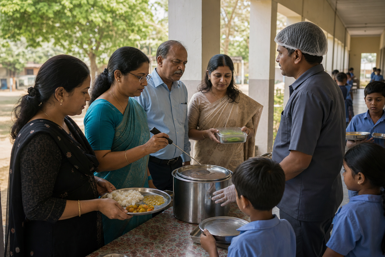 Parents, a teacher and a school committee member inspect meal portions, container seals and serving practices at a Kolkata school.