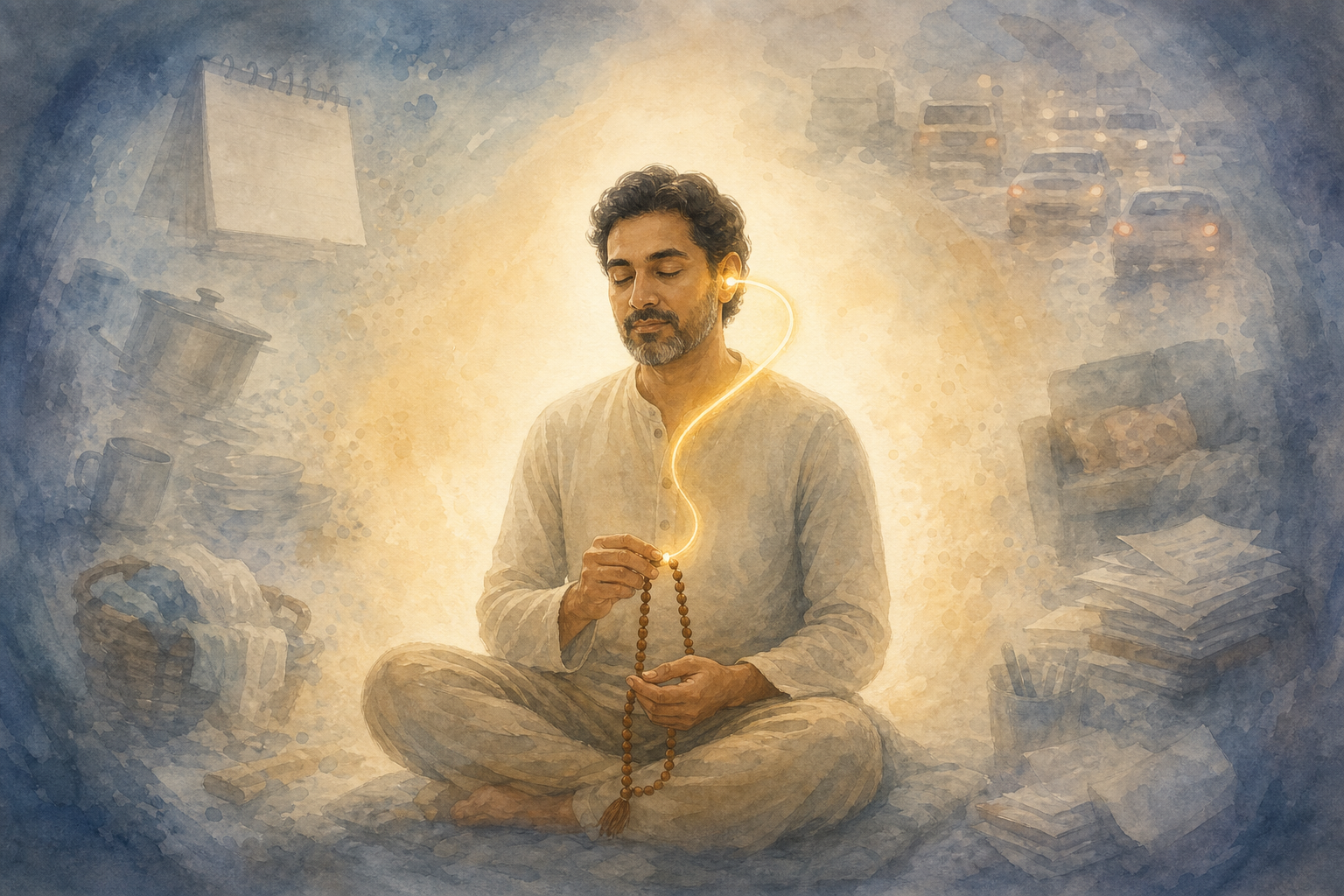 A calm practitioner returns attention to chanting as blurred images of daily distractions fade around the edges.