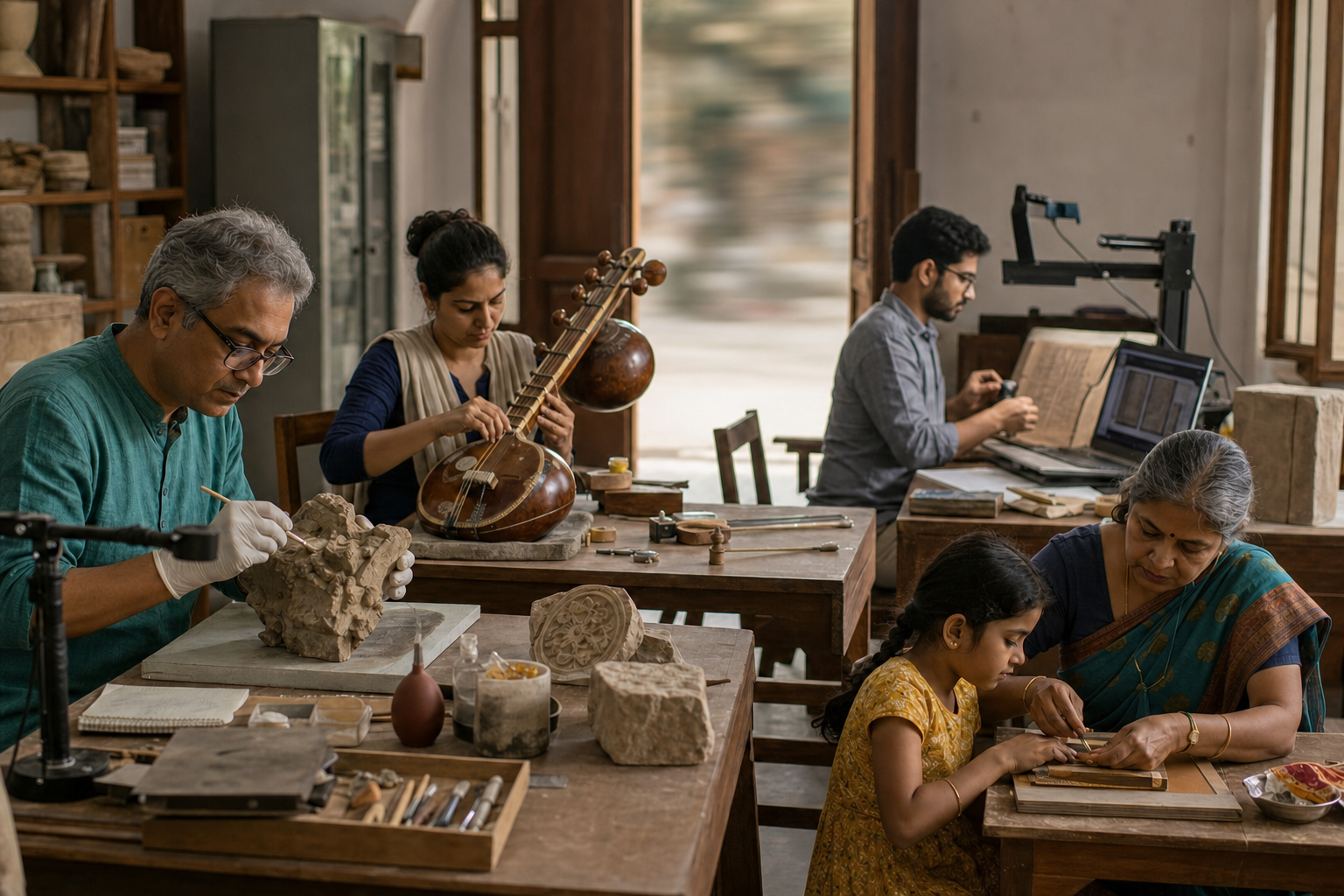 People in a workshop preserve a stone fragment, an old instrument, a manuscript, and a traditional craft while an indistinct crowd passes outside.