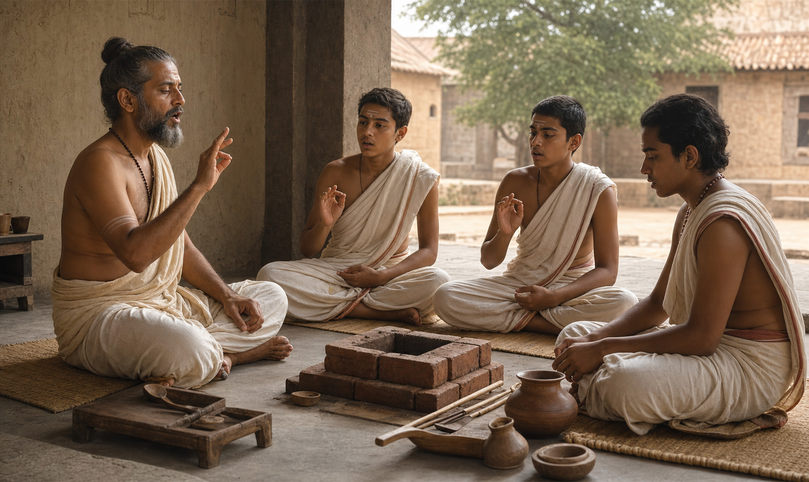 A teacher guides students in recitation beside carefully arranged ritual vessels and a small brick fire altar.