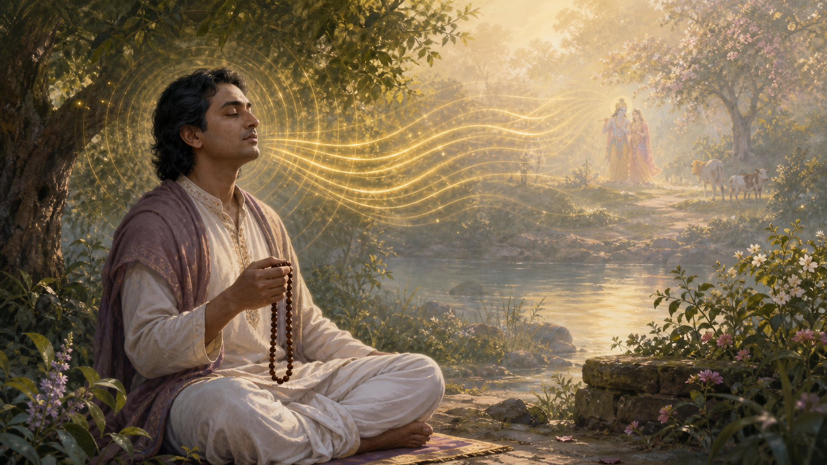 A practitioner listens while chanting on beads as a faint devotional scene of the divine couple in a flowering riverside grove appears in the background.