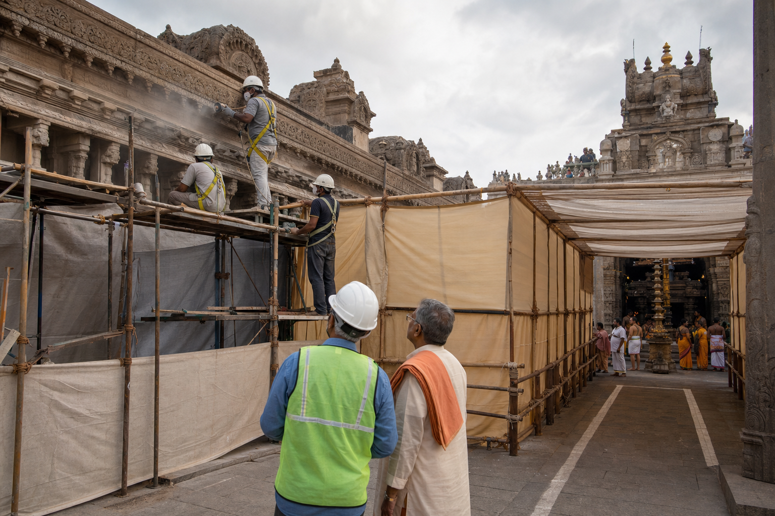 Protected scaffolding and safety barriers surround craftspeople repairing stonework in a temple courtyard while a supervisor and temple representative inspect the site.