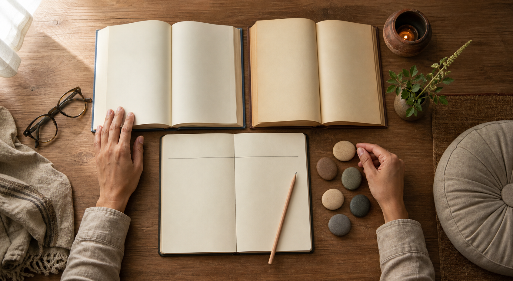 A reader's hands arrange unmarked books, a blank comparison notebook, glasses, a clay lamp, plant sprig, and smooth stones on a study desk.