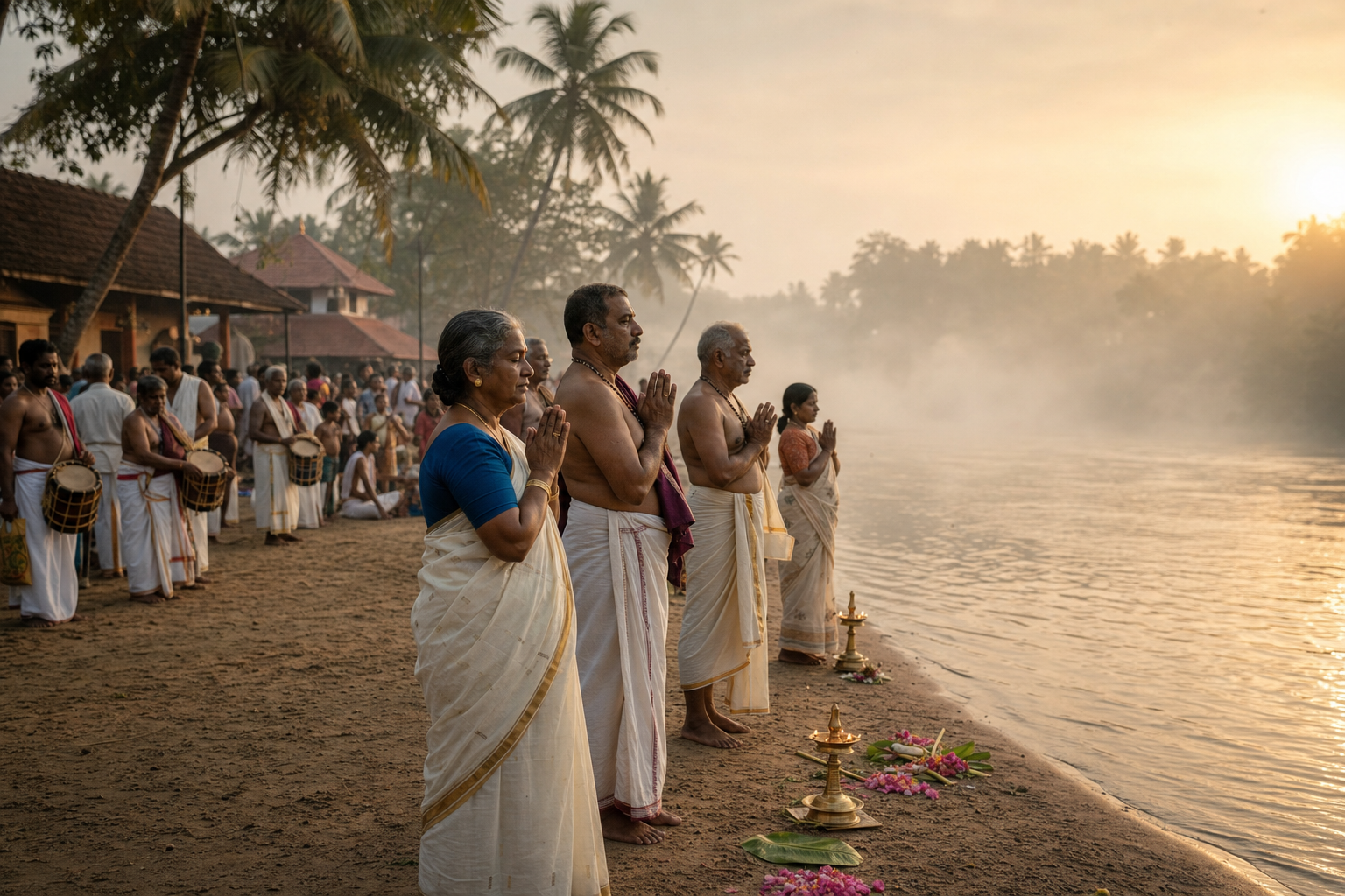 Pilgrims pray beside brass lamps on the sandy bank of the Nila River at Tirunavaya as musicians, families, and volunteers gather near a Kerala temple at dawn.