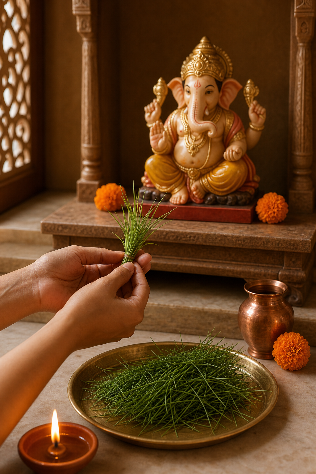 Hands offer fresh green durva grass to a Ganesha murti on a household altar with a lamp, flowers, and brass puja vessels.
