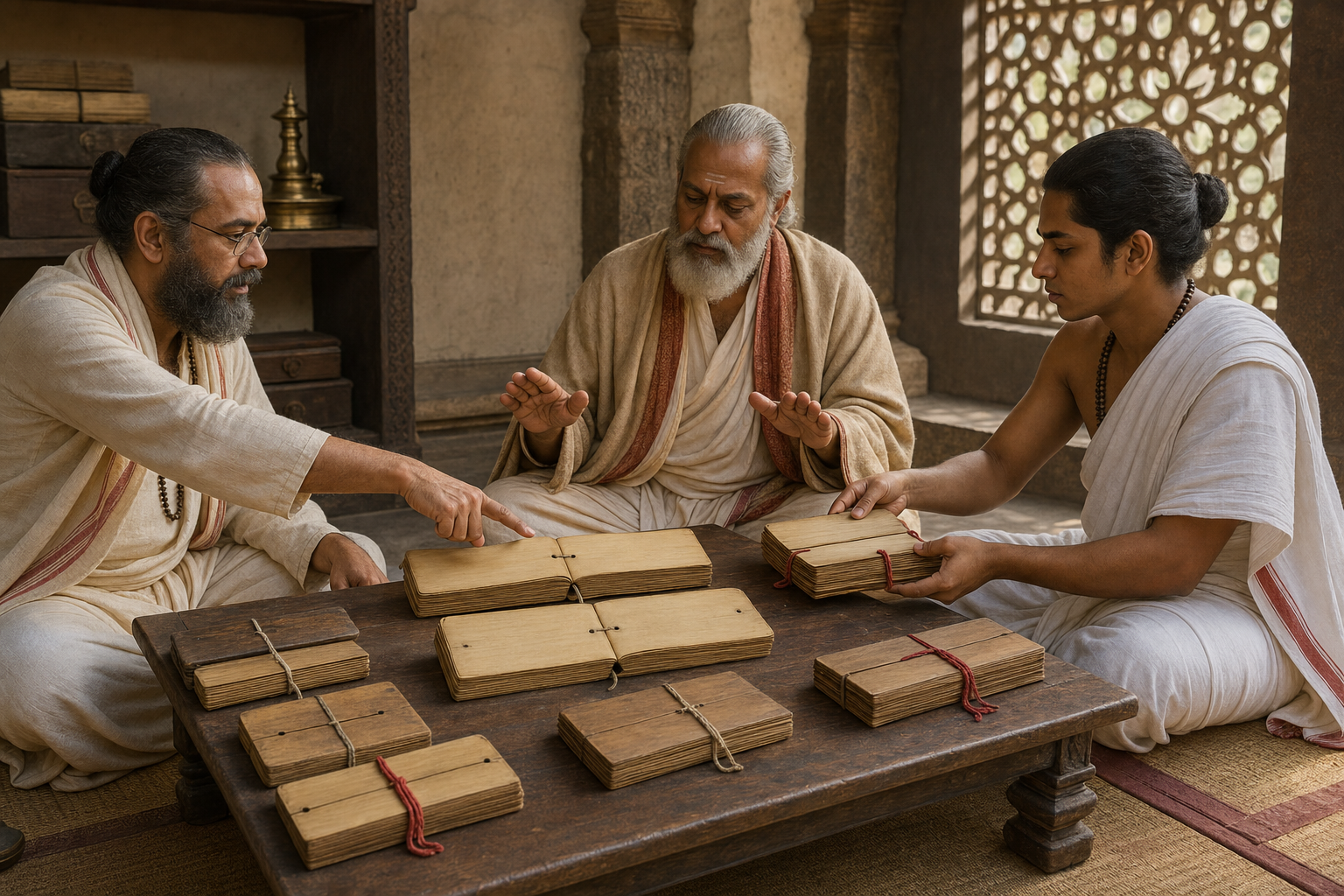 Three scholars compare and arrange palm-leaf manuscript bundles around a low table in a softly lit study.