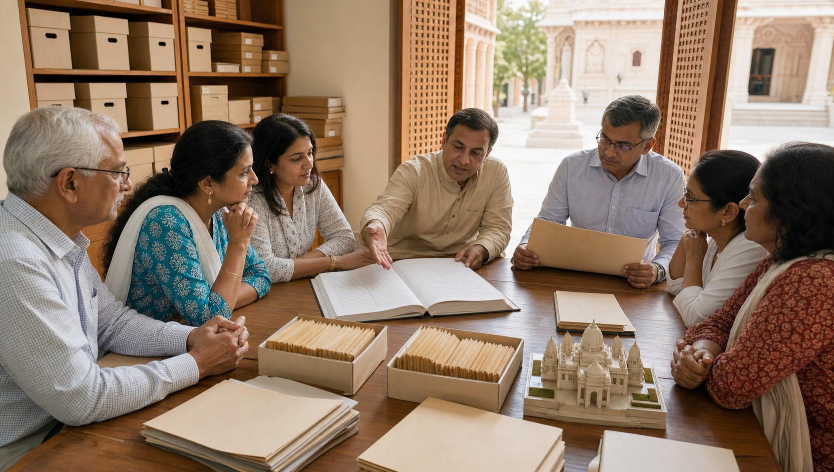 Temple administrators show an open ledger, organized folders, and project materials to devotees gathered around a wooden table.