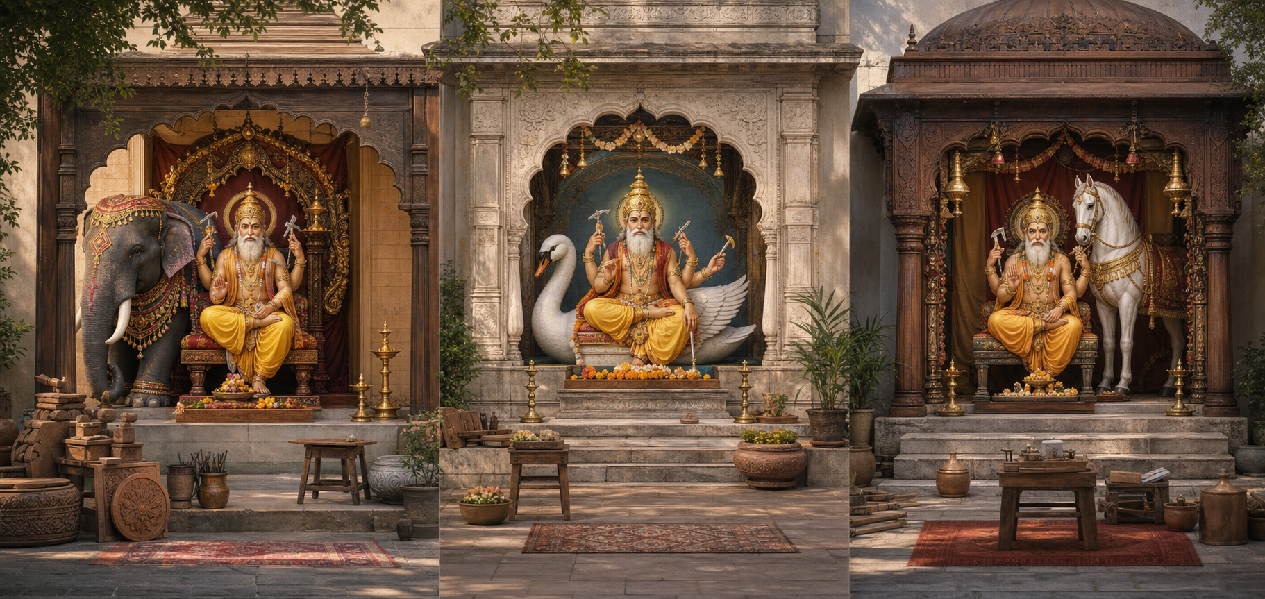 Three equally lit devotional alcoves show separate Vishwakarma forms accompanied by an elephant, a white swan, and a white horse.