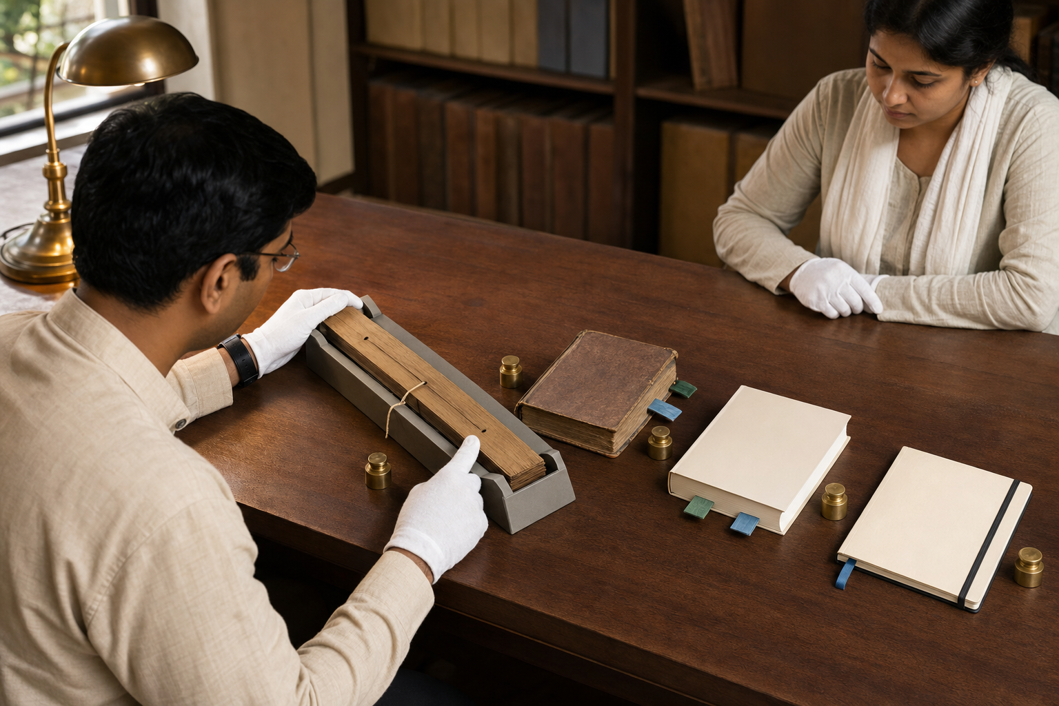 Two researchers compare a palm-leaf facsimile, an old commentary volume, a modern book, and separate notes at an archival study table.