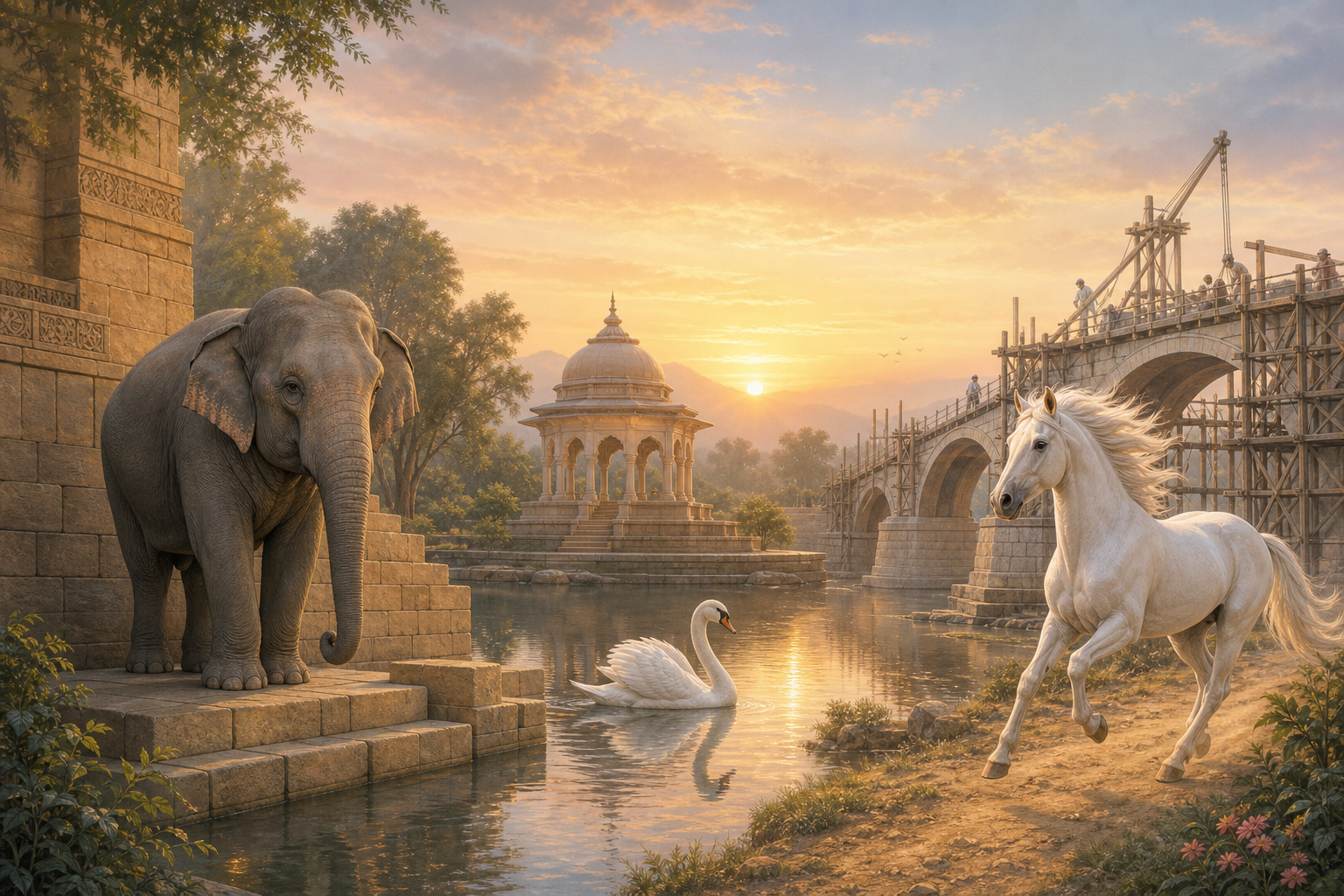 An elephant stands beside a stone foundation, a white swan crosses reflective water near a pavilion, and a white horse moves beside a bridge under construction.