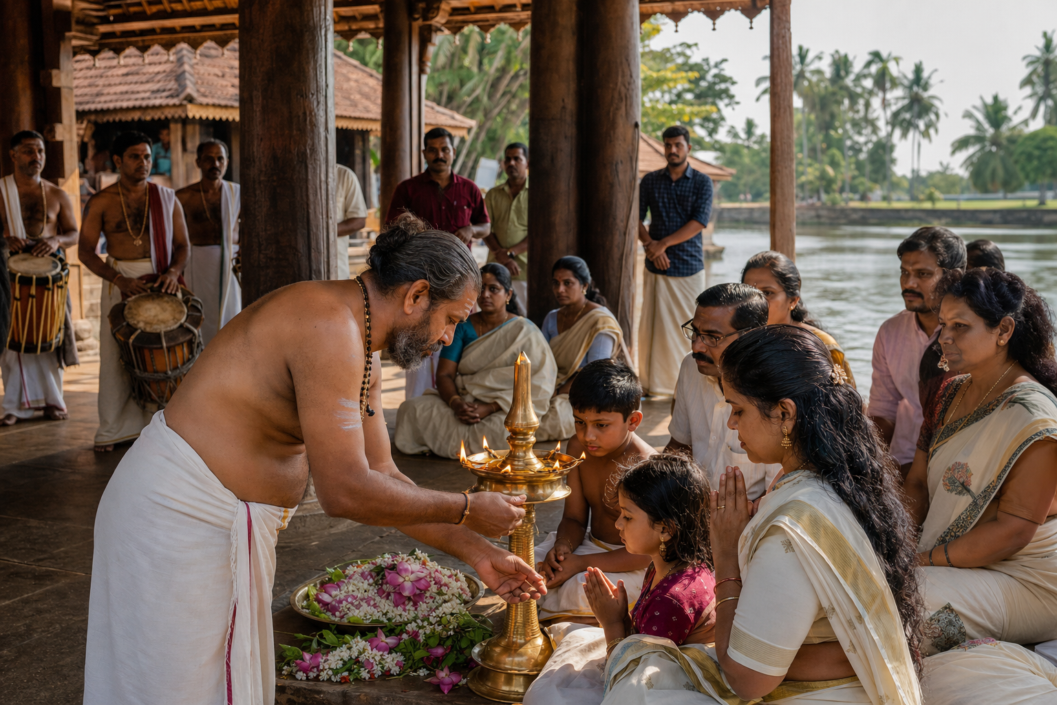 Families worship beside a brass lamp at a riverside temple mandapam while visitors and traditional Kerala musicians observe respectfully.