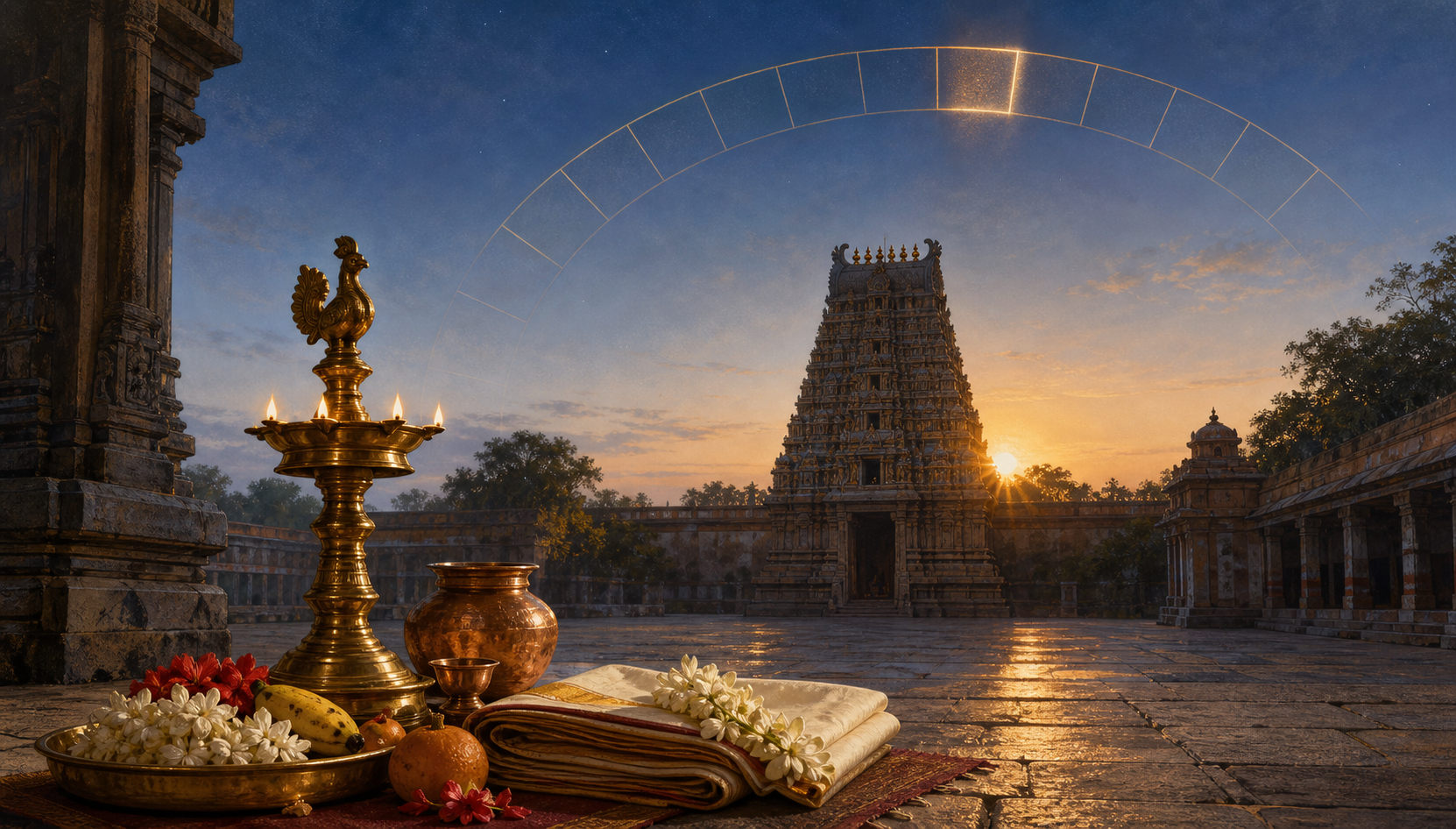 A brass lamp and offerings in a South Indian temple courtyard as the sun rises behind a gopuram beneath a subtle celestial arc.