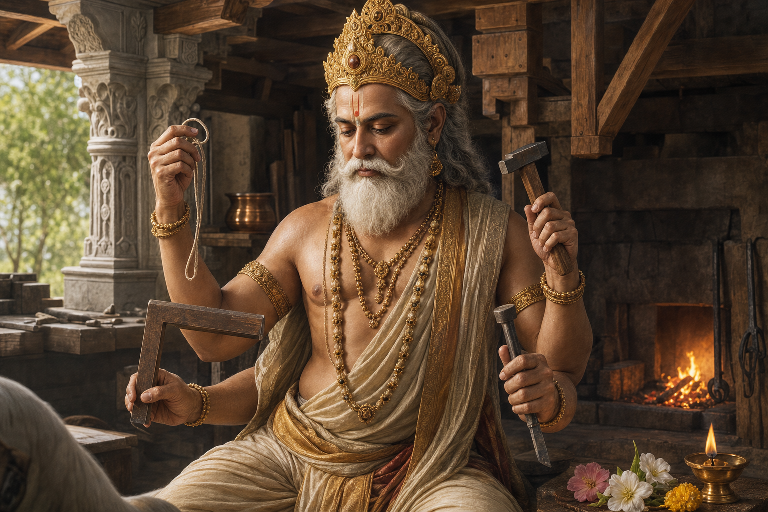 A Vishwakarma image holds measuring and carving tools in a craft shrine while only part of the accompanying animal is visible at the base.