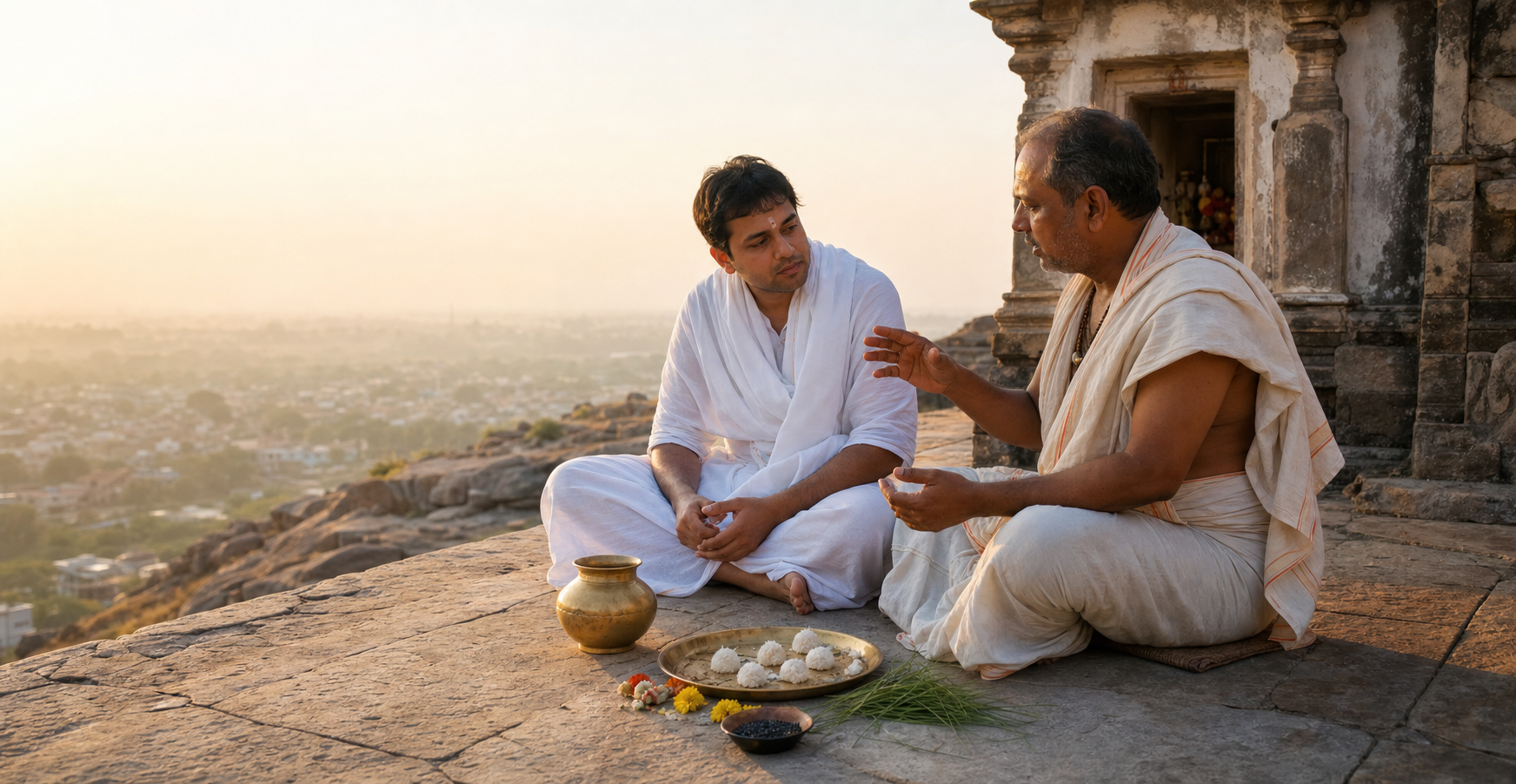 An adult pilgrim and a Hindu priest sit with brass vessels, darbha grass, sesame seeds, flowers, and rice pindas on a stone temple terrace overlooking Gaya at dawn.