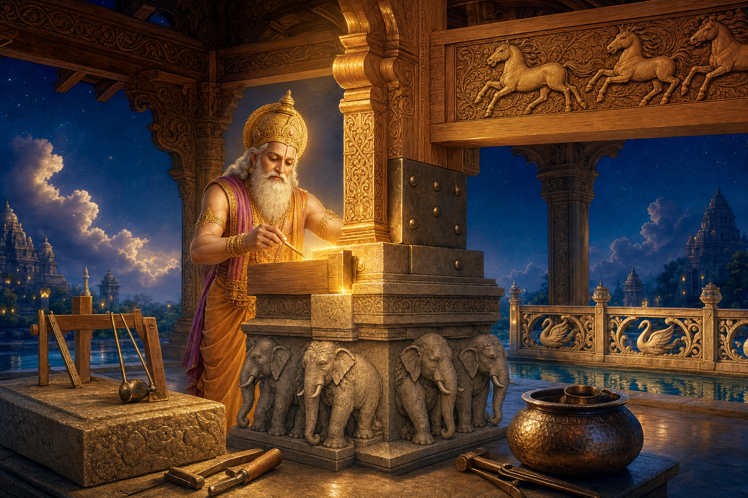 Vishwakarma works where stone, timber, and metal meet in a pavilion decorated with elephant, swan, and horse motifs.