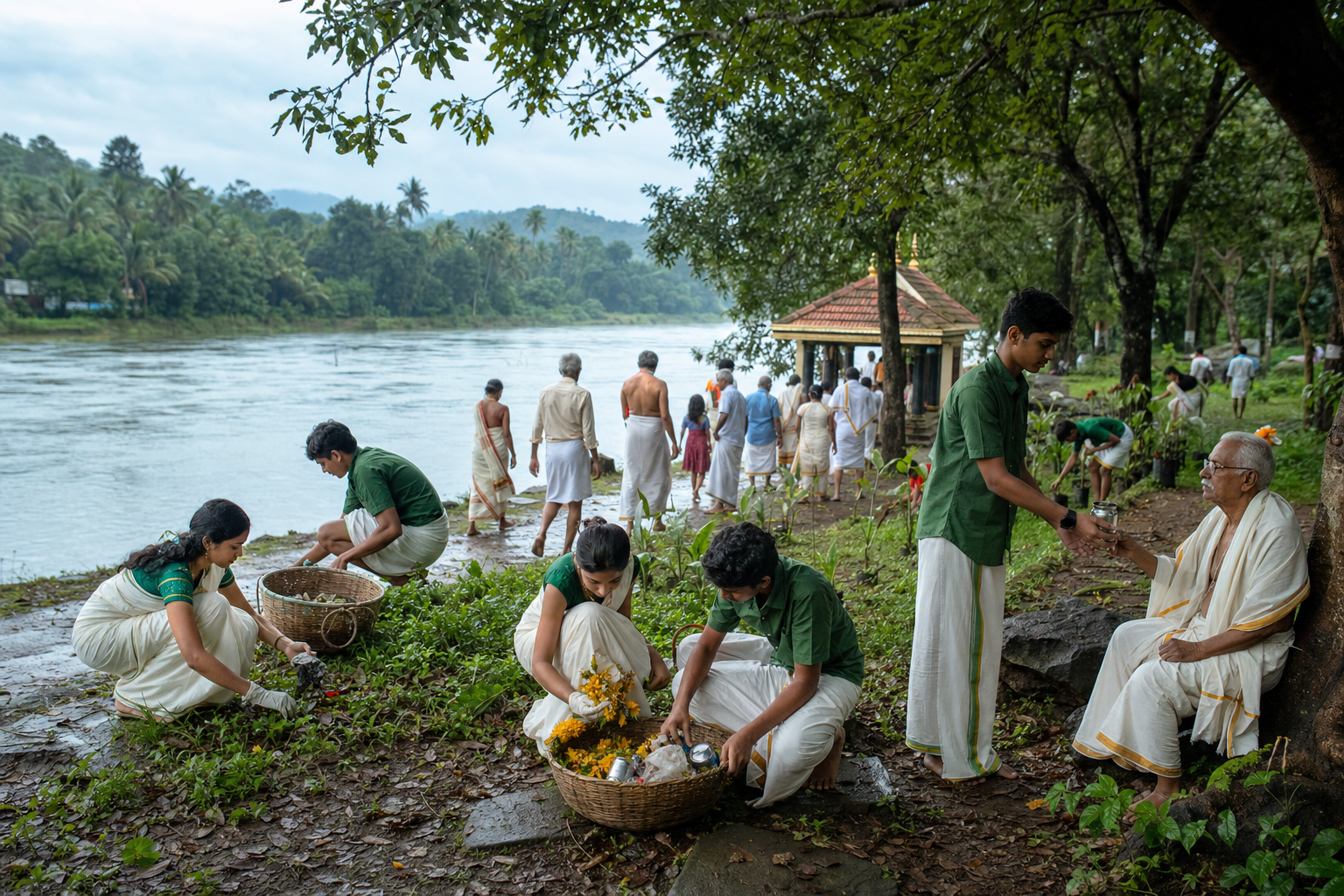 Volunteers clean the Nila riverbank, care for plants, and offer water to an elderly pilgrim while families walk toward a worship area.